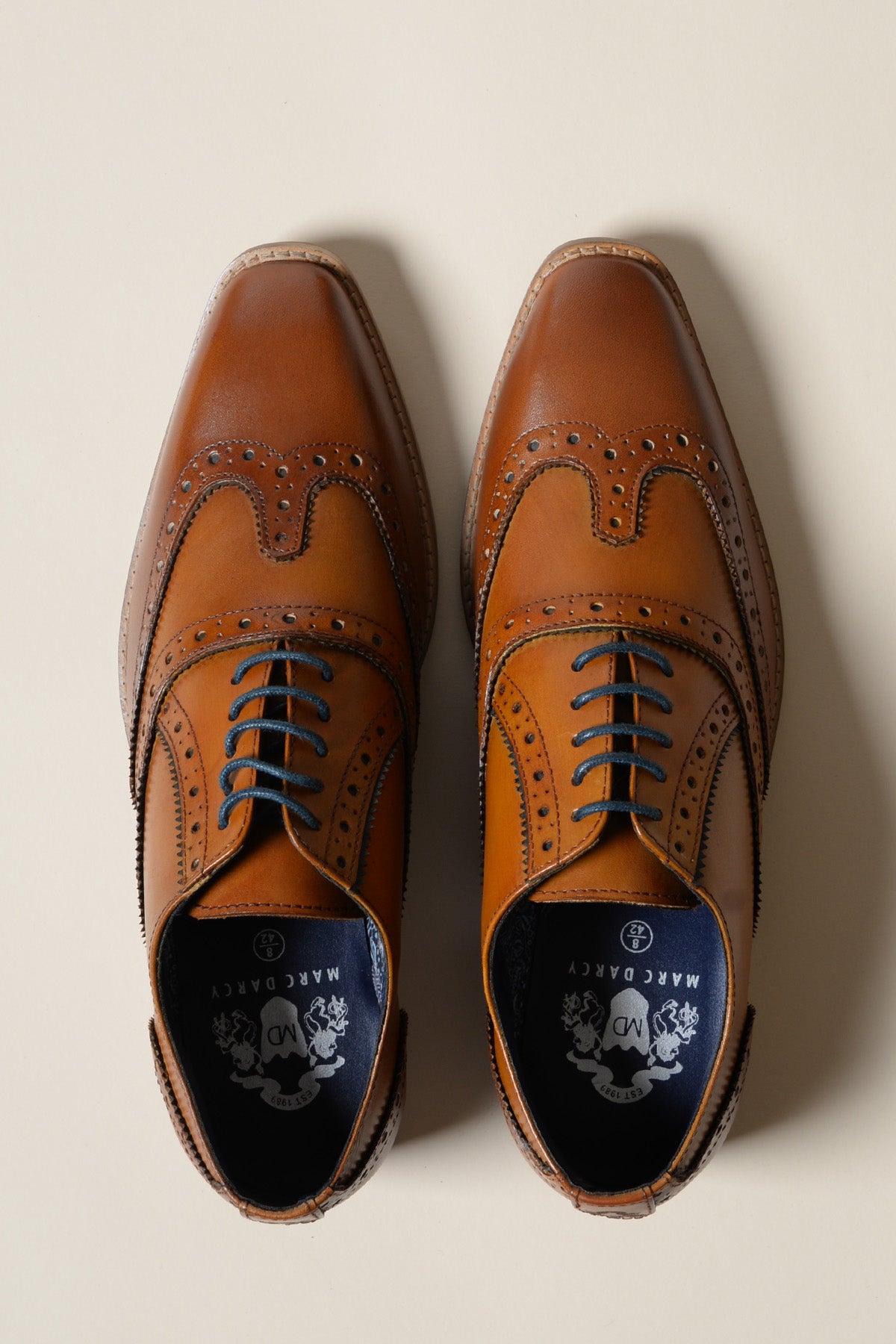 MARCO Tan Navy Leather Wingtip Oxford Shoes for Men - Classic Dress Shoes for Business, Wedding & Formal Occasions