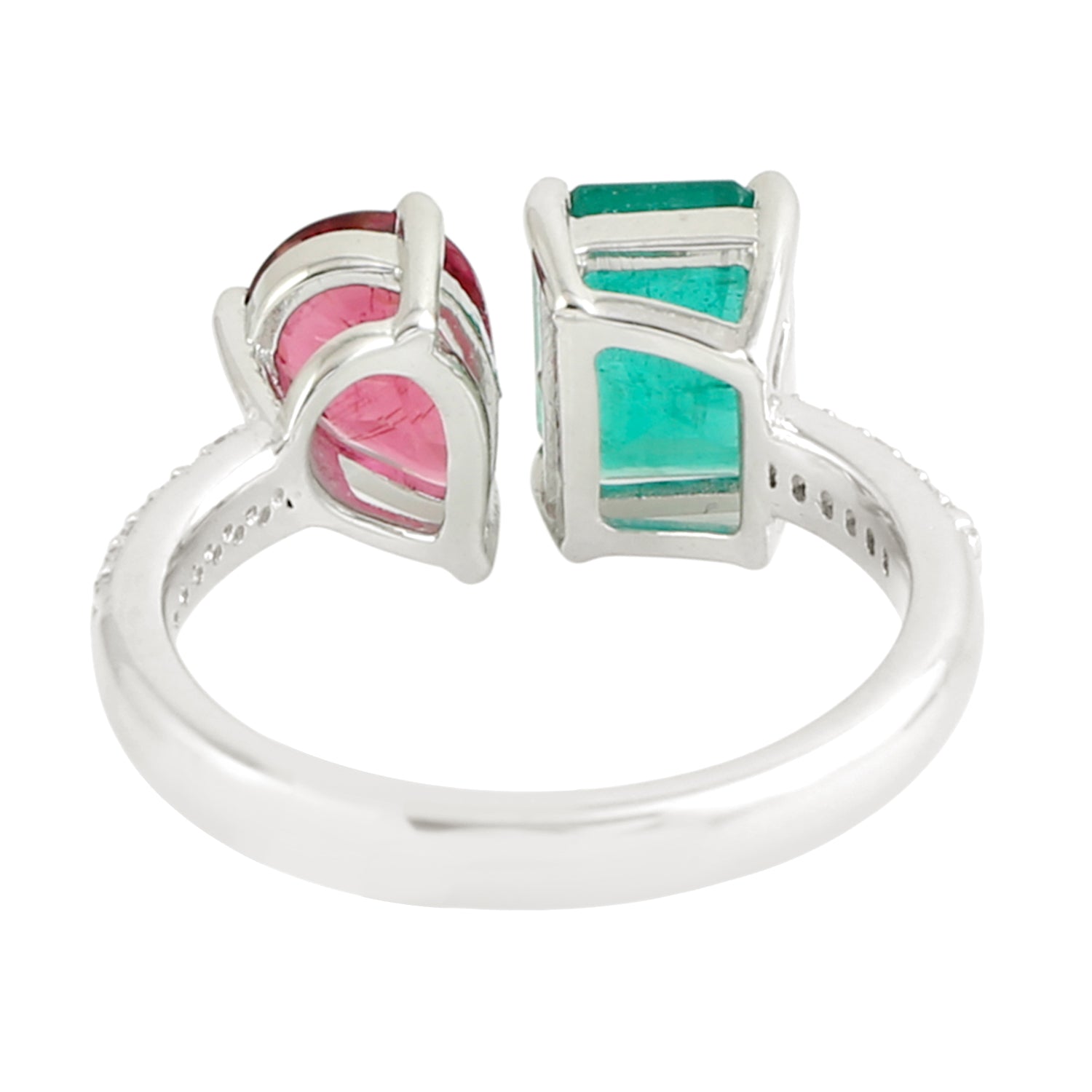 Emerald Cut Emerald and Pear Cut Ruby Pave Diamond Bypass Ring in 14K White Gold - Elegant Bridal Jewelry for Engagement, Wedding & Anniversary Gifts