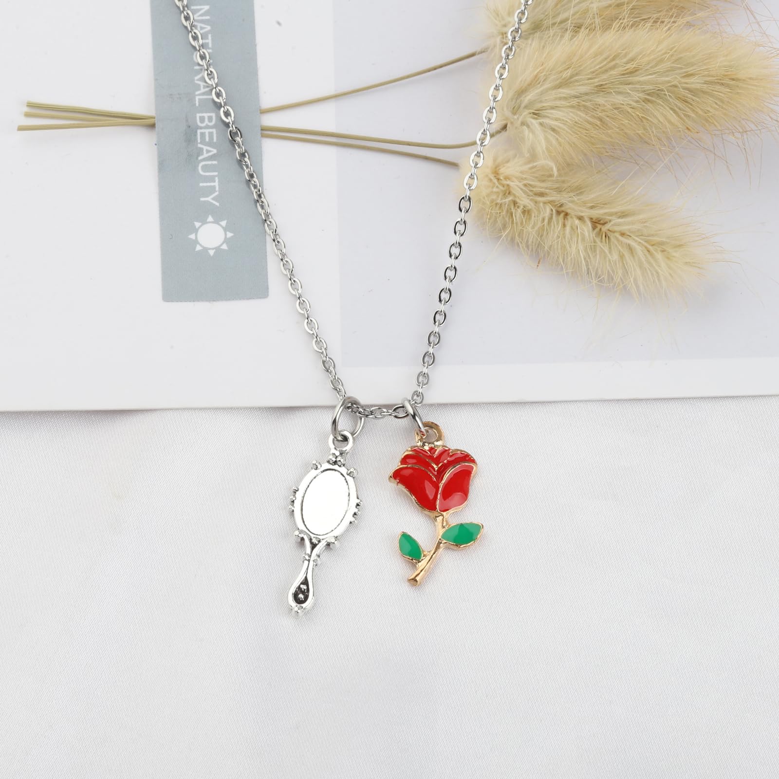 UJIMS Beauty and the Beast Inspired Mirror & Rose Charm Necklace - Belle Princess Jewelry Gift for Disney Fans - Perfect for Cosplay, Birthday, Anniversary & Fairy Tale Themed Events