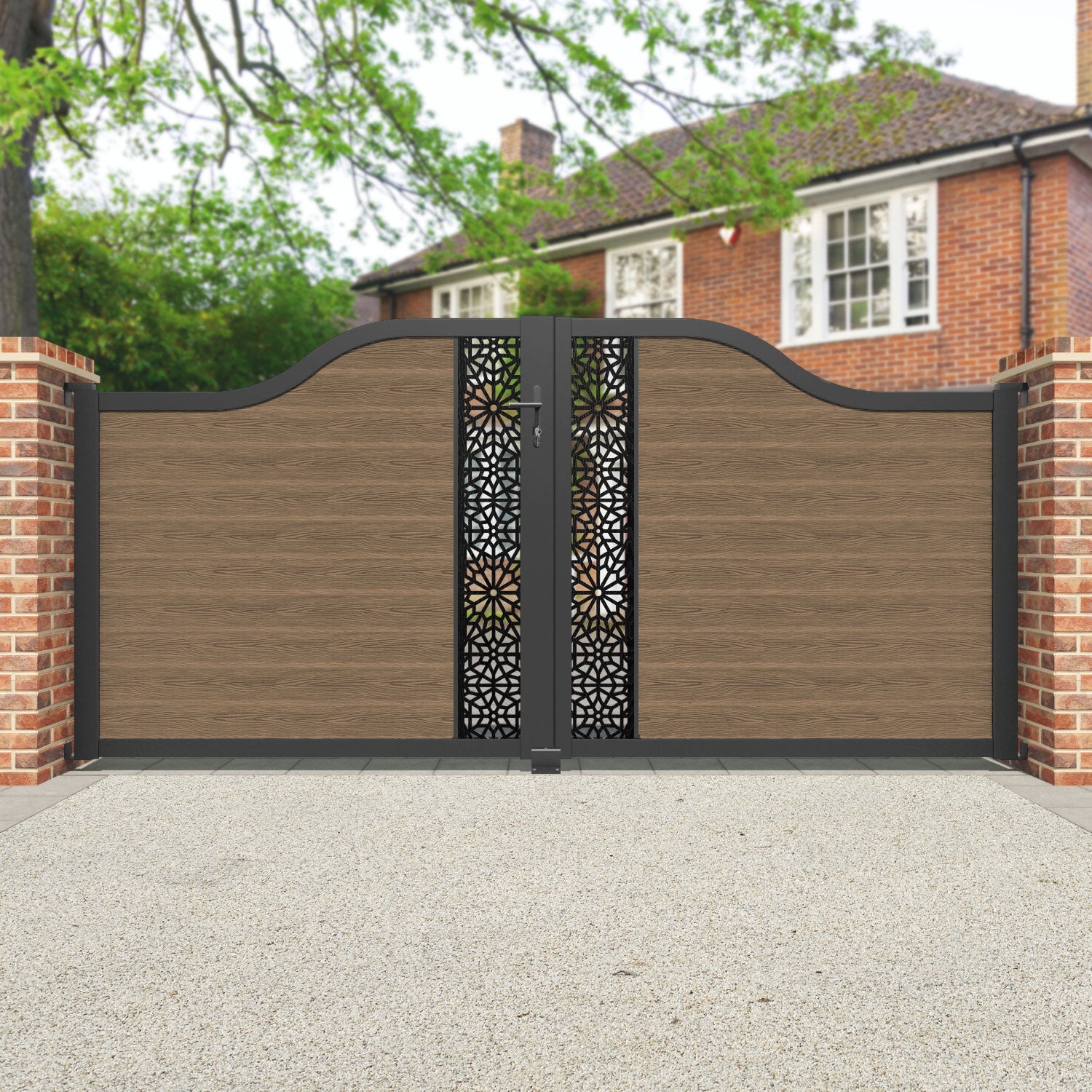 Classic Alnara Curved Top Teak Driveway Gate with Middle Screen - Elegant & Durable Entryway Solution for Homes, Estates & Commercial Properties