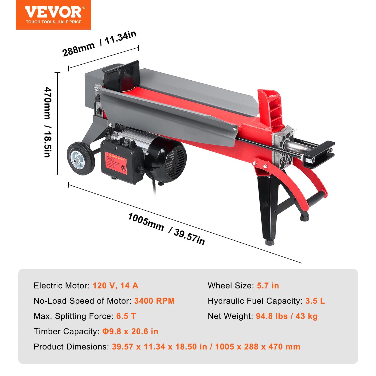 VEVOR 6.5 Ton Electric Log Splitter with 1.75HP Motor & 3400 RPM - 20.5