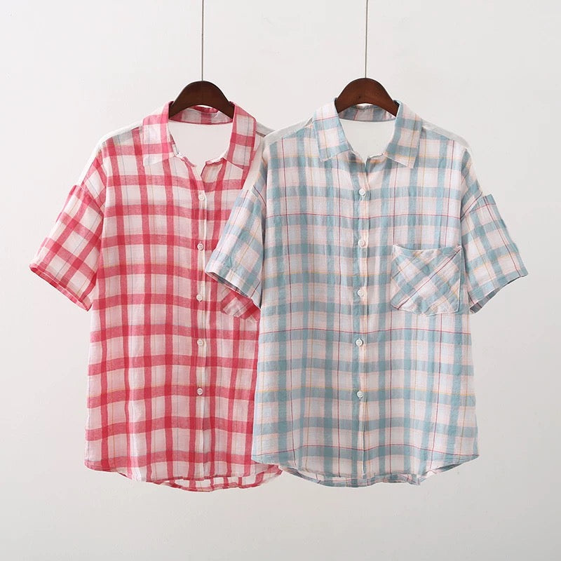 Stylish Women's Plaid Shirt - Summer Short Sleeve Thin Button Down Top for Casual Outings & Beach Cover Ups