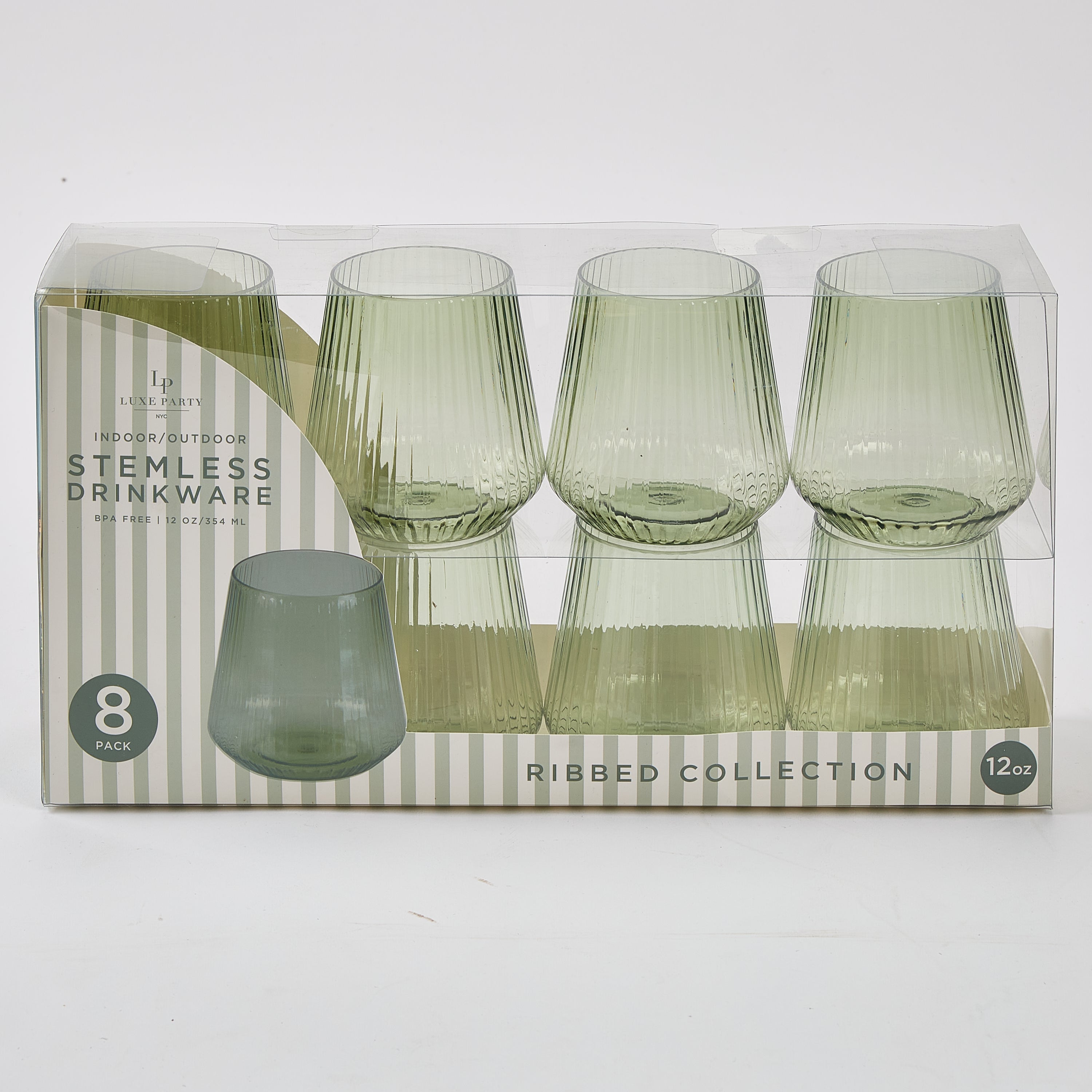 12 oz. Mint Green Plastic Stemless Ribbed Wine Goblets - 8 Pack Set for Outdoor Parties, Picnics, and Wedding Receptions