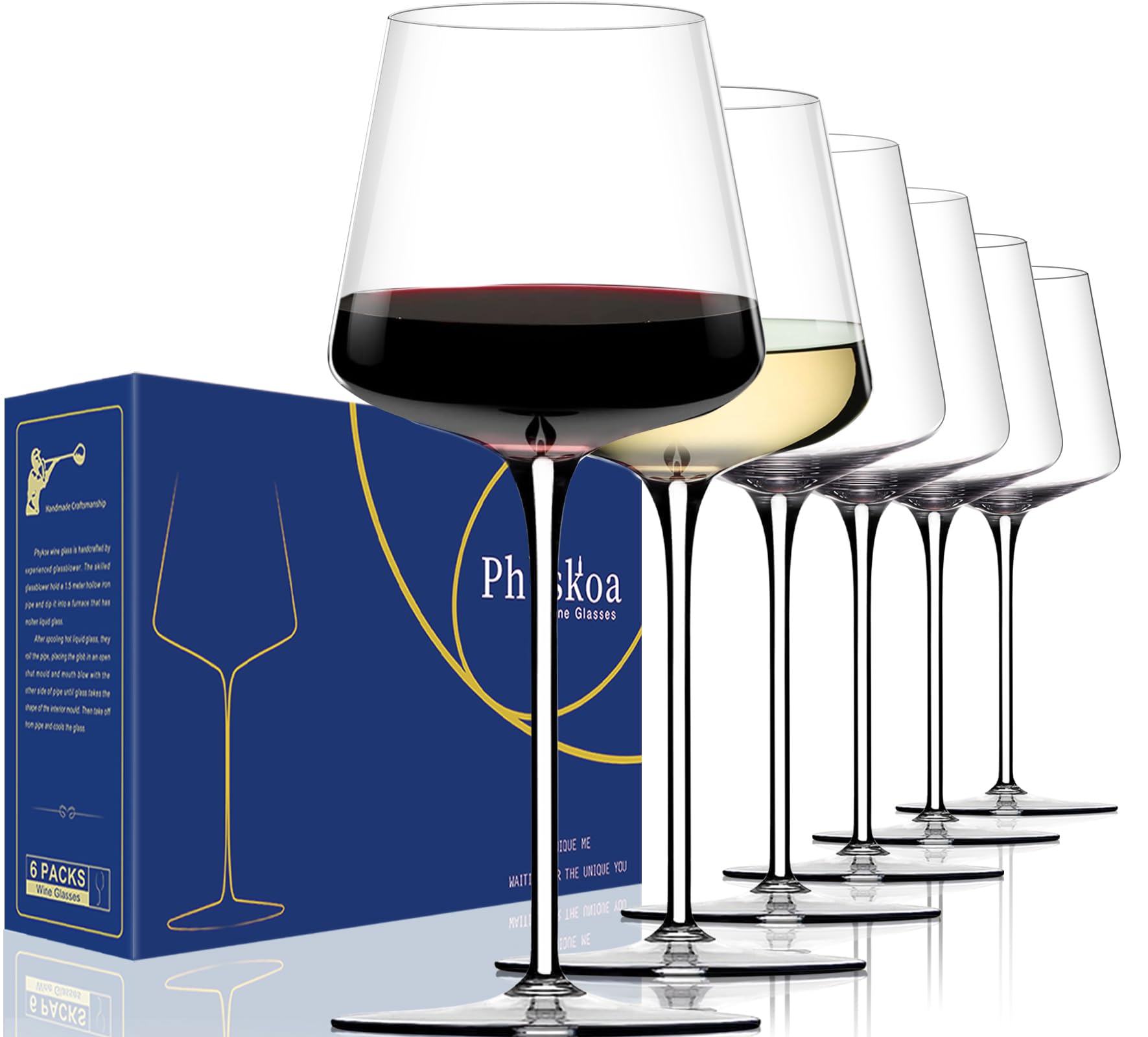 Premium 18oz Hand Blown Crystal Wine Glasses Set of 6 - Elegant Tall Stem Clear Glassware for White & Red Wine - Modern Square Design with Flat Bottom - Perfect Wedding & Birthday Gift - Ideal for Dinner Parties, Romantic Dates & Special Celebrations
