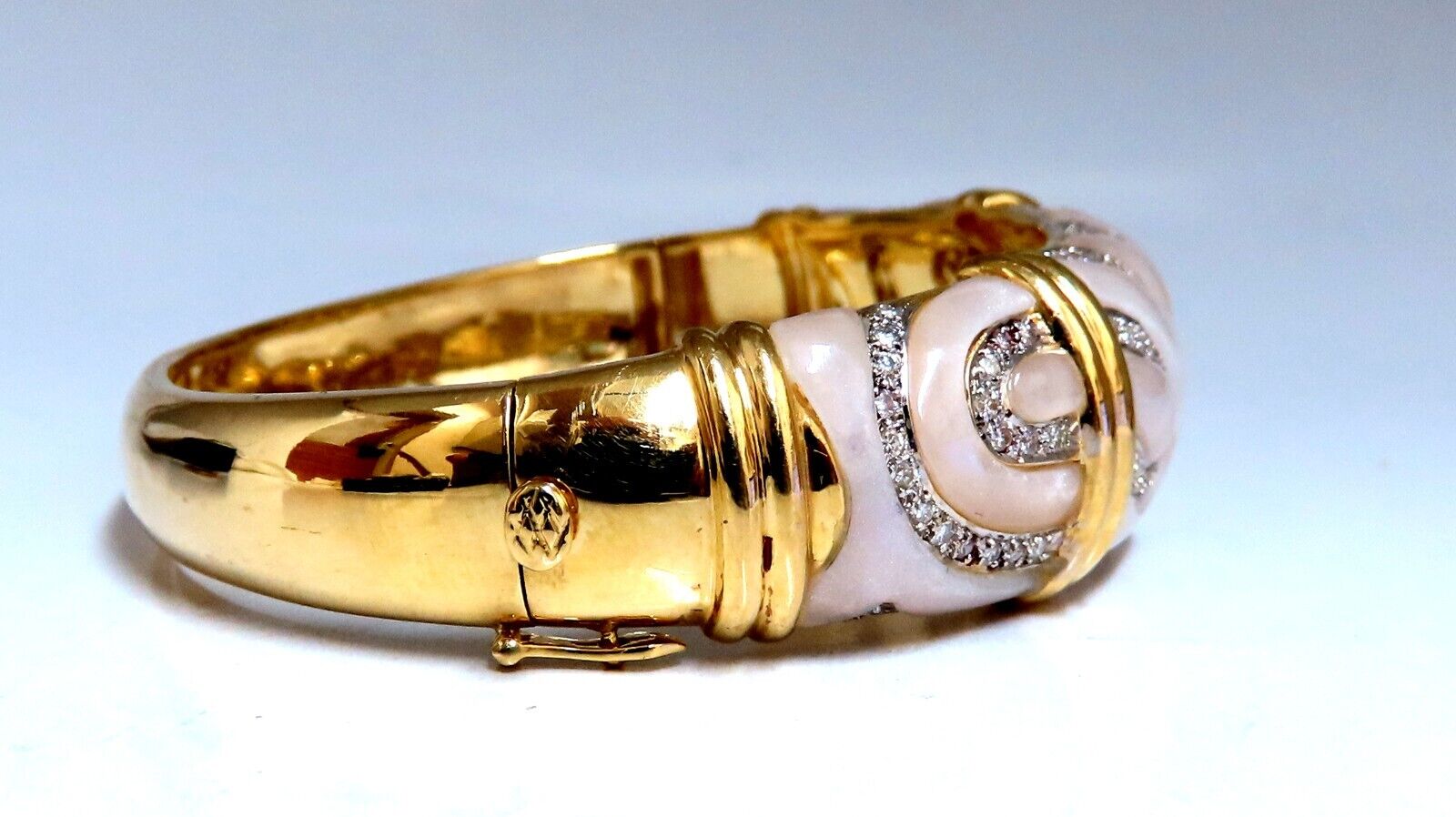 Natural Diamonds Carved Mother of Pearl Bangle Bracelet - 18K Gold Handmade Jewelry for Women, Elegant Gift for Wedding, Anniversary & Special Occasions
