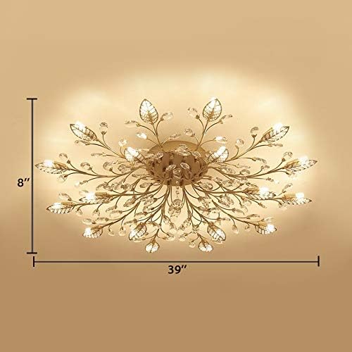 Black & Gold Contemporary Leaf Semi Flush Mount Ceiling Light with Clear Crystal Accents - 18-Light Modern Chandelier for Dining Room, Bedroom, or Living Room Lighting