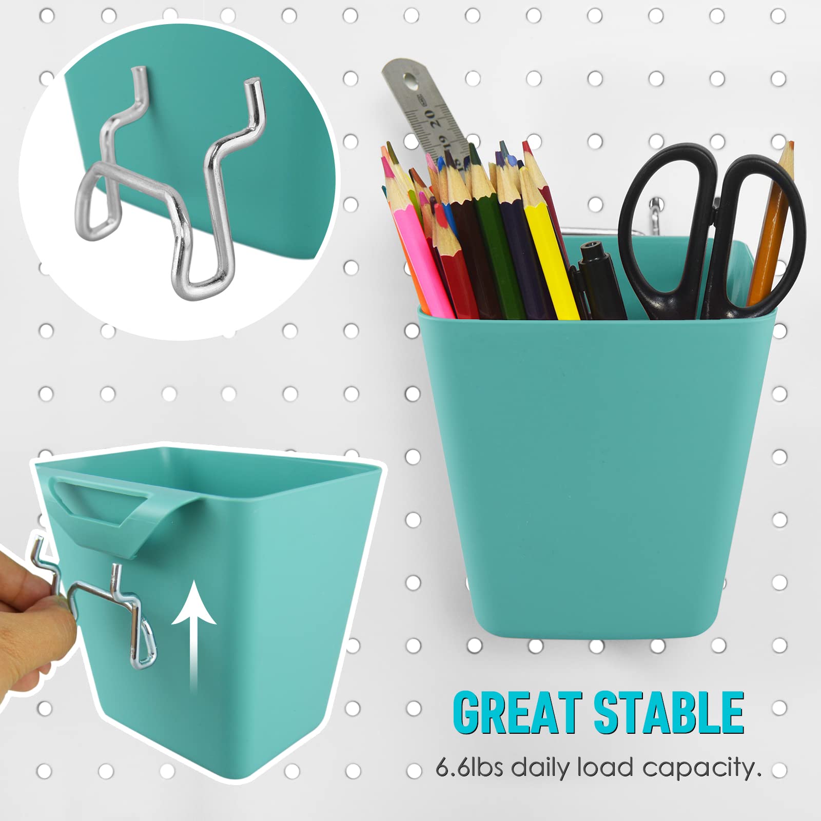 G.CORE Large Pegboard Storage Bins 6-Pack with Hooks - Square Pegboard Cup Holders for Garage, Workshop, Craft Room, Office & Kitchen Organization (Green) - Perfect for Tools, Craft Supplies & Home Organization