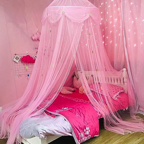 Princess Bed Canopy with Lights - Pink Mosquito Net for Girls & Adults, Round Dome Bed Netting for Romantic Bedroom Decor & Sleep Protection