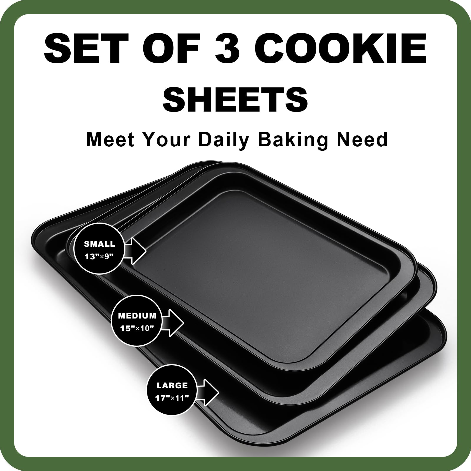 3-Pack Nonstick Baking Sheet Set - Half, Jelly Roll & Quarter Cookie Pans with Wide Grips, Non-Toxic & Easy Clean, Dark Grey - Perfect for Baking Cookies, Roasting Veggies & Meal Prep