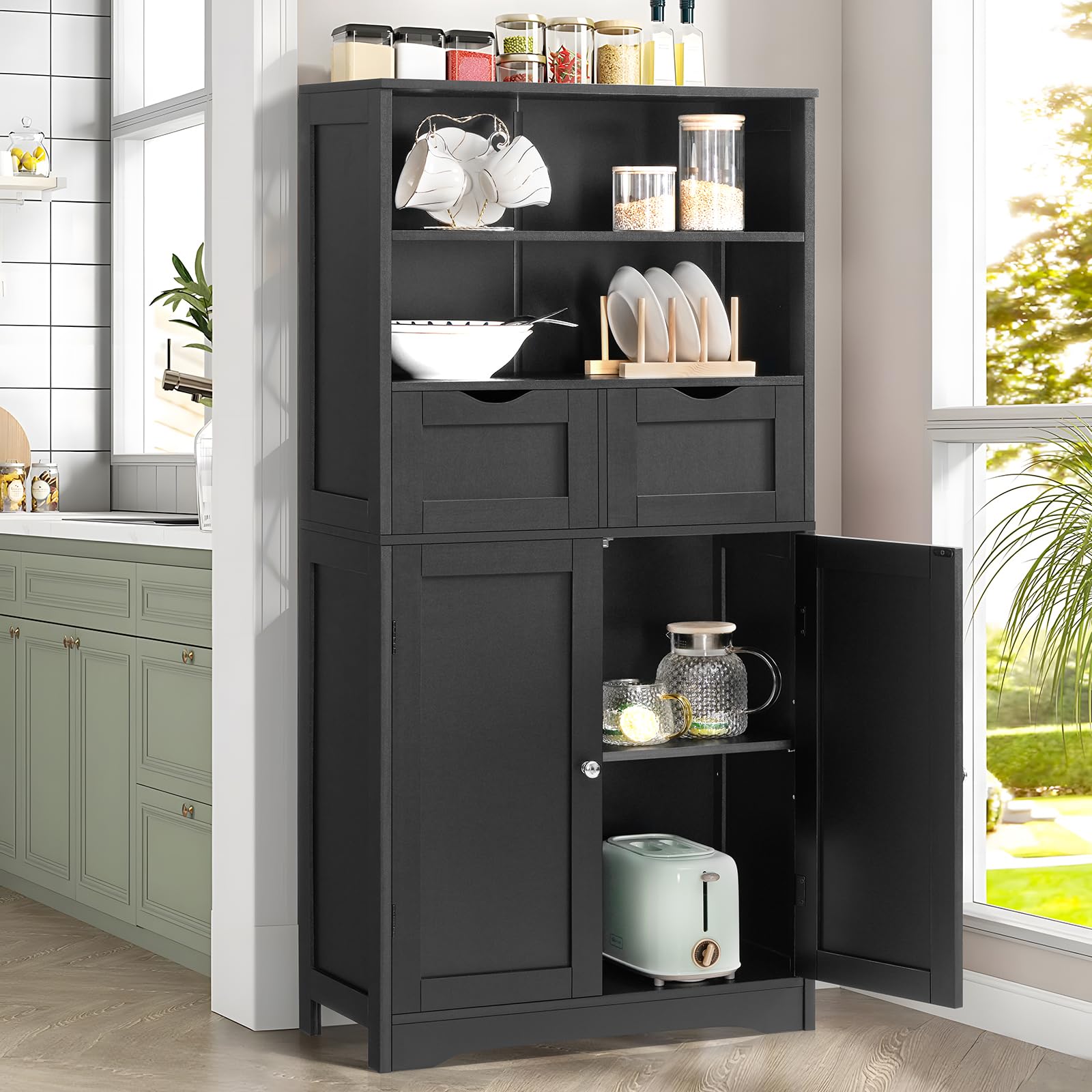 Iwell Tall Storage Cabinet with 2 Drawers & Adjustable Shelves - Black Bathroom Cabinet for Living Room, Dining Room, Entryway - Perfect for Organizing Towels, Linens & Home Essentials