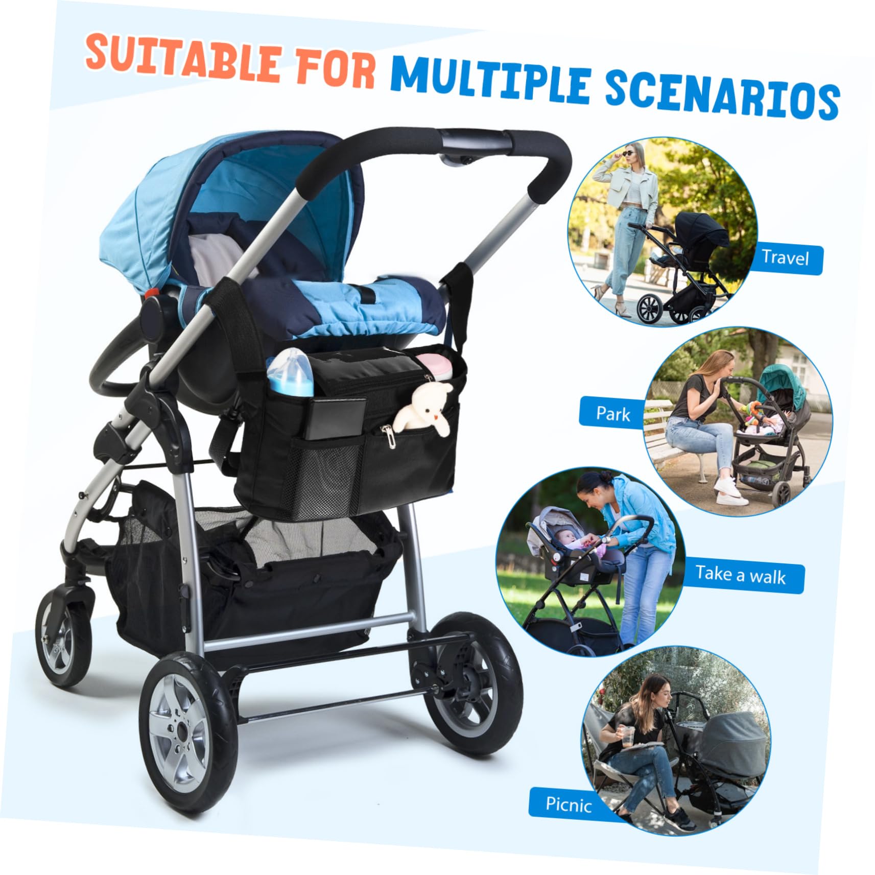 Portable Baby Stroller Organizer with Cup Holder - Travel Storage Attachment & Tote Bag for Diapers, Toys, Snacks - Perfect for Walks, Shopping & Family Outings