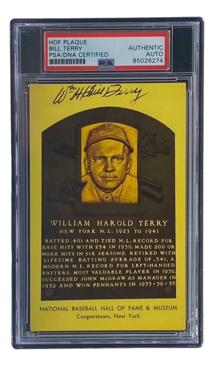 Bill Terry Autographed 4x6 New York Giants Hall of Fame Plaque Card with PSA/DNA Certification #85026274 - Perfect for Sports Memorabilia Collectors and Giants Fans Display