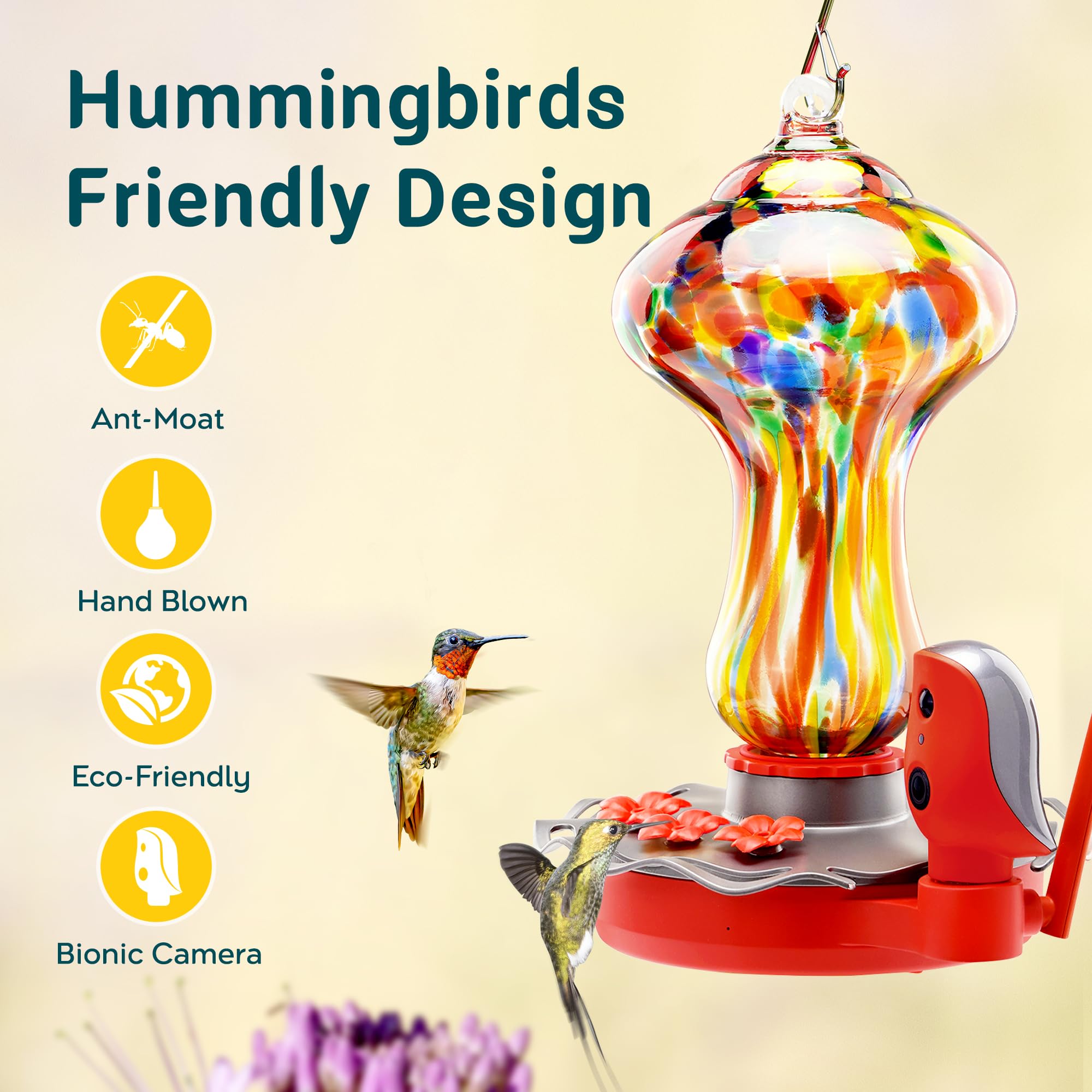 Smart Hummingbird Feeder with 2K HD Camera - Solar Powered AI Bird Identification, Water Level Detection & Instant Alerts | Leakproof Design with Ant Moat | Alexa & Google Assistant Compatible | Perfect for Backyard Birdwatching & Nature Lovers