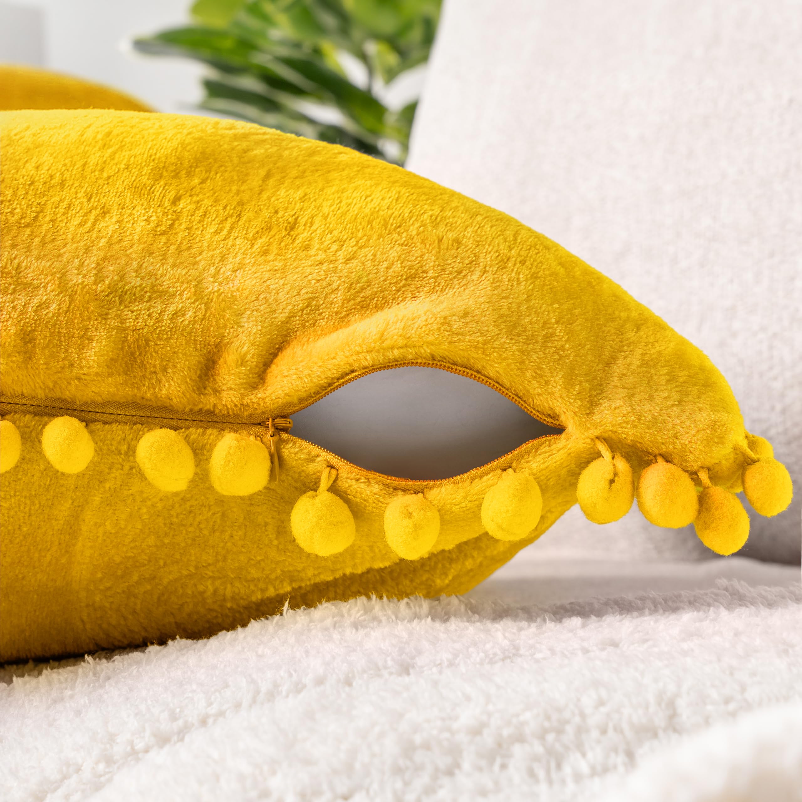 PAVILIA Mustard Yellow Velvet Euro Plush Throw Pillow Covers with Pom Pom - Set of 2 (20x20 Inches) - Decorative Cushion Covers for Bed, Sofa & Couch - Soft Luxury Pillowcases for Bedroom Aesthetic & Living Room Decor