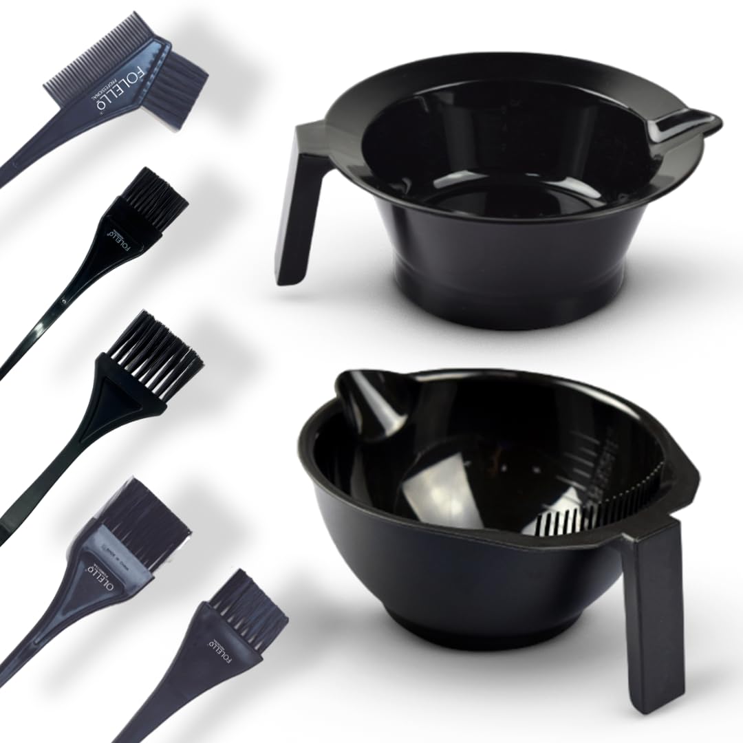 FOLELLO Professional Hair Coloring Kit with 2 Mixing Bowls, 1 Rat Tail Brush & 4 Tint Brushes - 7 Piece DIY Hair Dye Set for Salon-Quality Results at Home - Perfect for Ombre, Highlights & Root Touch-Ups