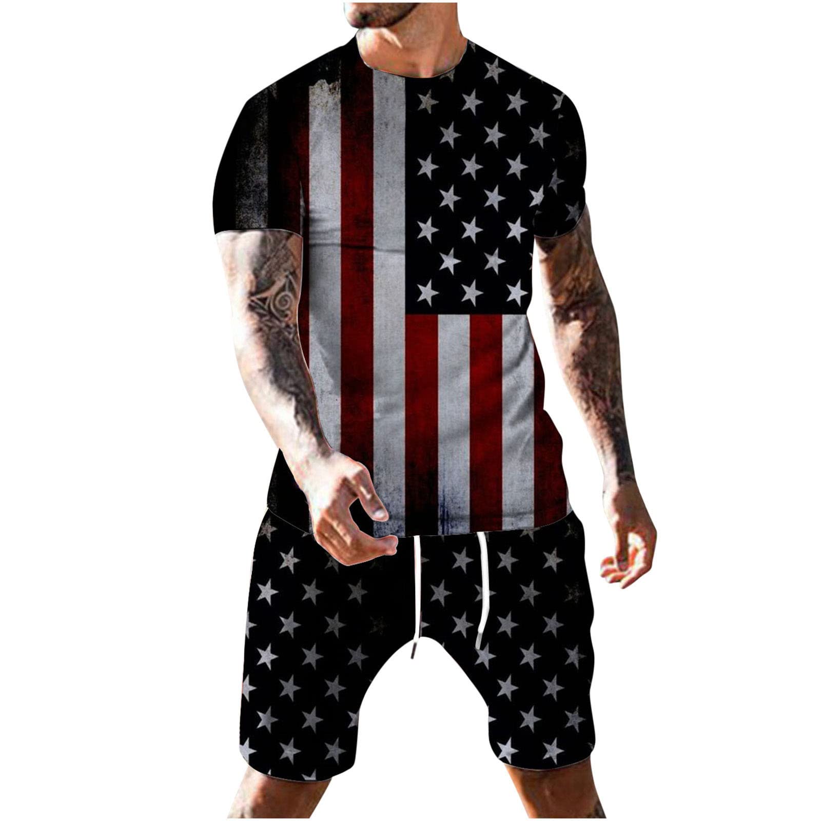 Men's 2-Piece Linen Outfit Set - 4th of July Themed Casual Crewneck Sweatshirt & Short Sleeve Shirt | Patriotic Printed Matching Set for Summer BBQ, Beach Vacation and Holiday Celebrations