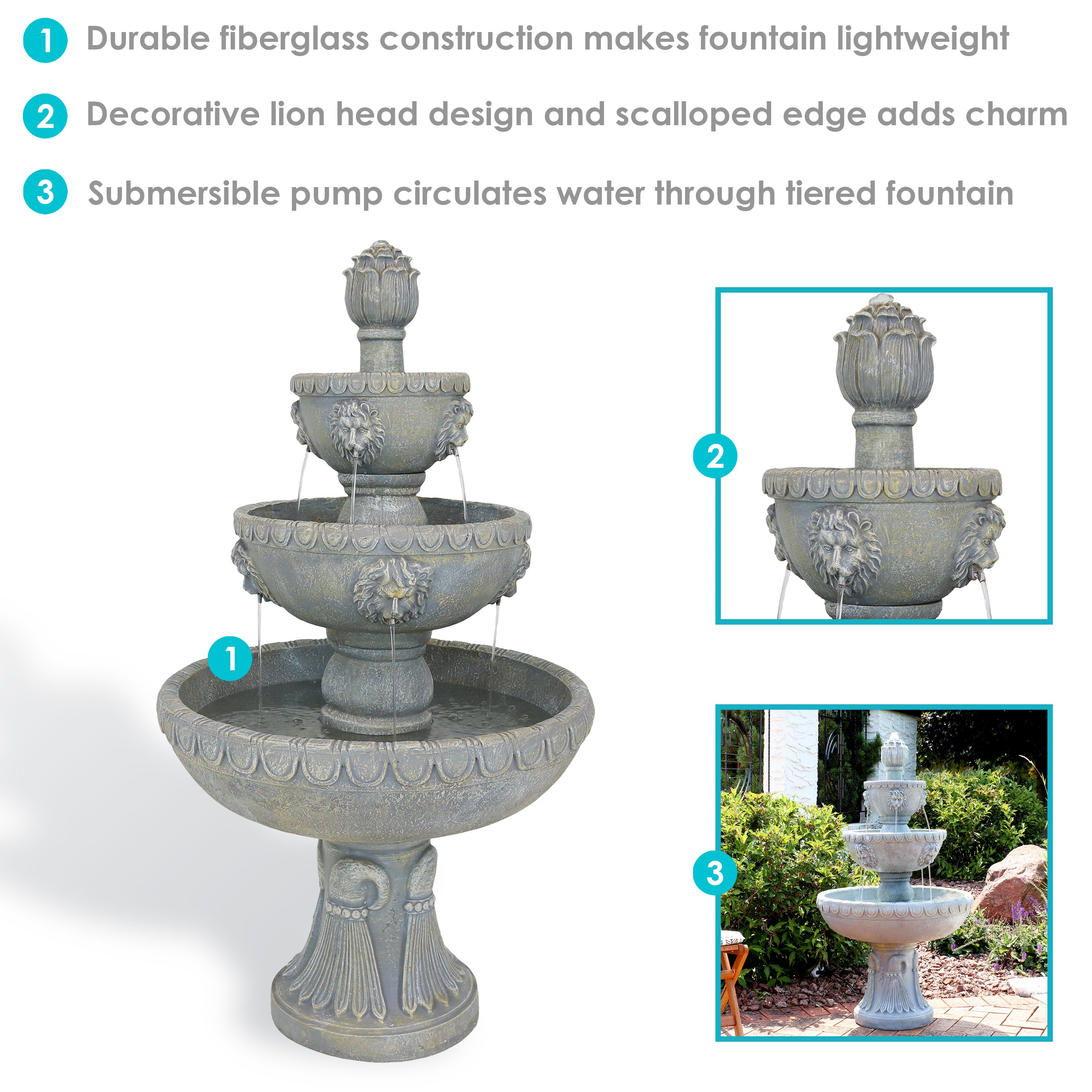 3-Tier Outdoor Water Fountain with Lion Head Design & Electric Pump - Perfect for Garden, Patio, and Backyard Decor