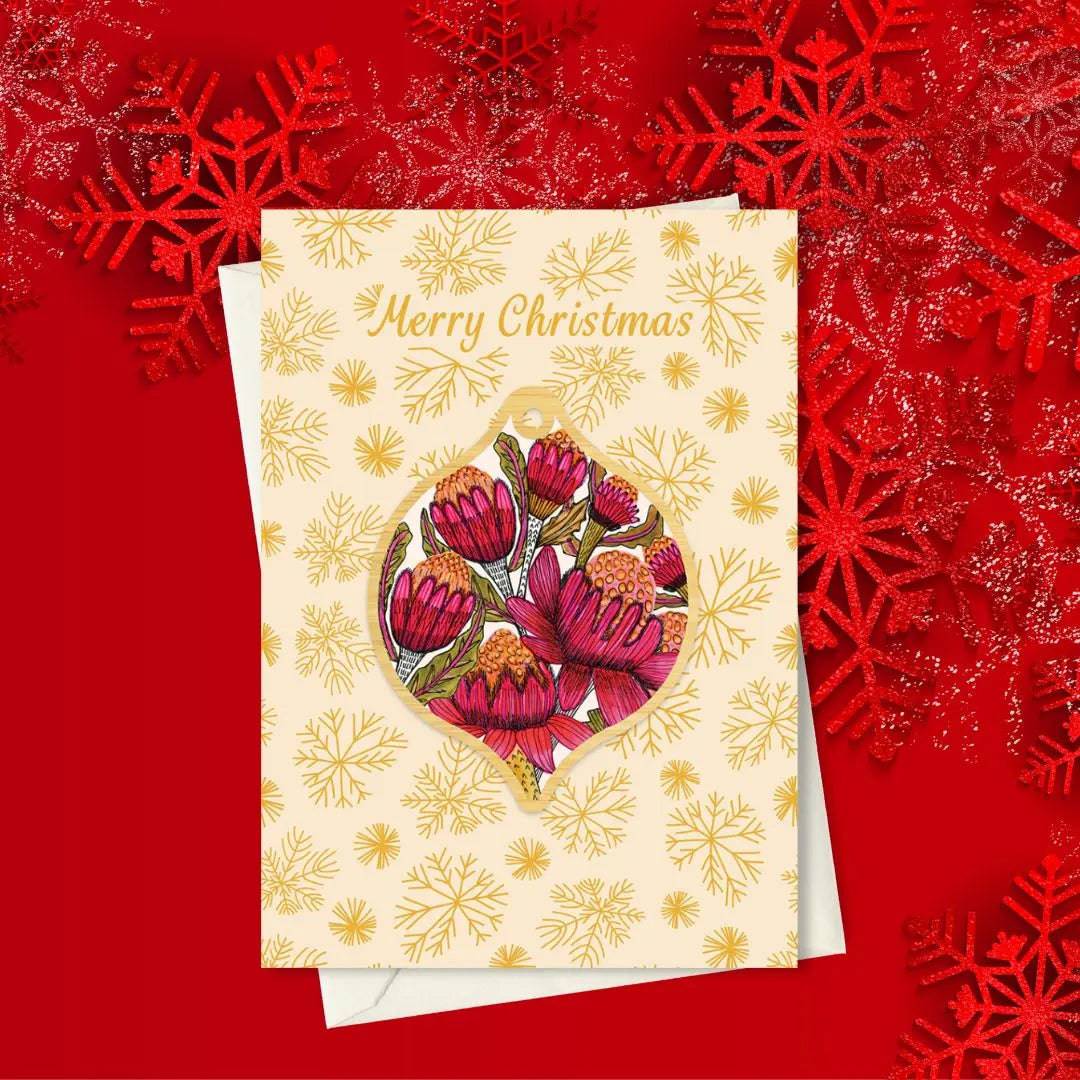 Australian Waratah Christmas Card & Bauble - Festive Holiday Greeting Card with Floral Design - Perfect for Xmas Decorations, Gift Giving & Holiday Celebrations
