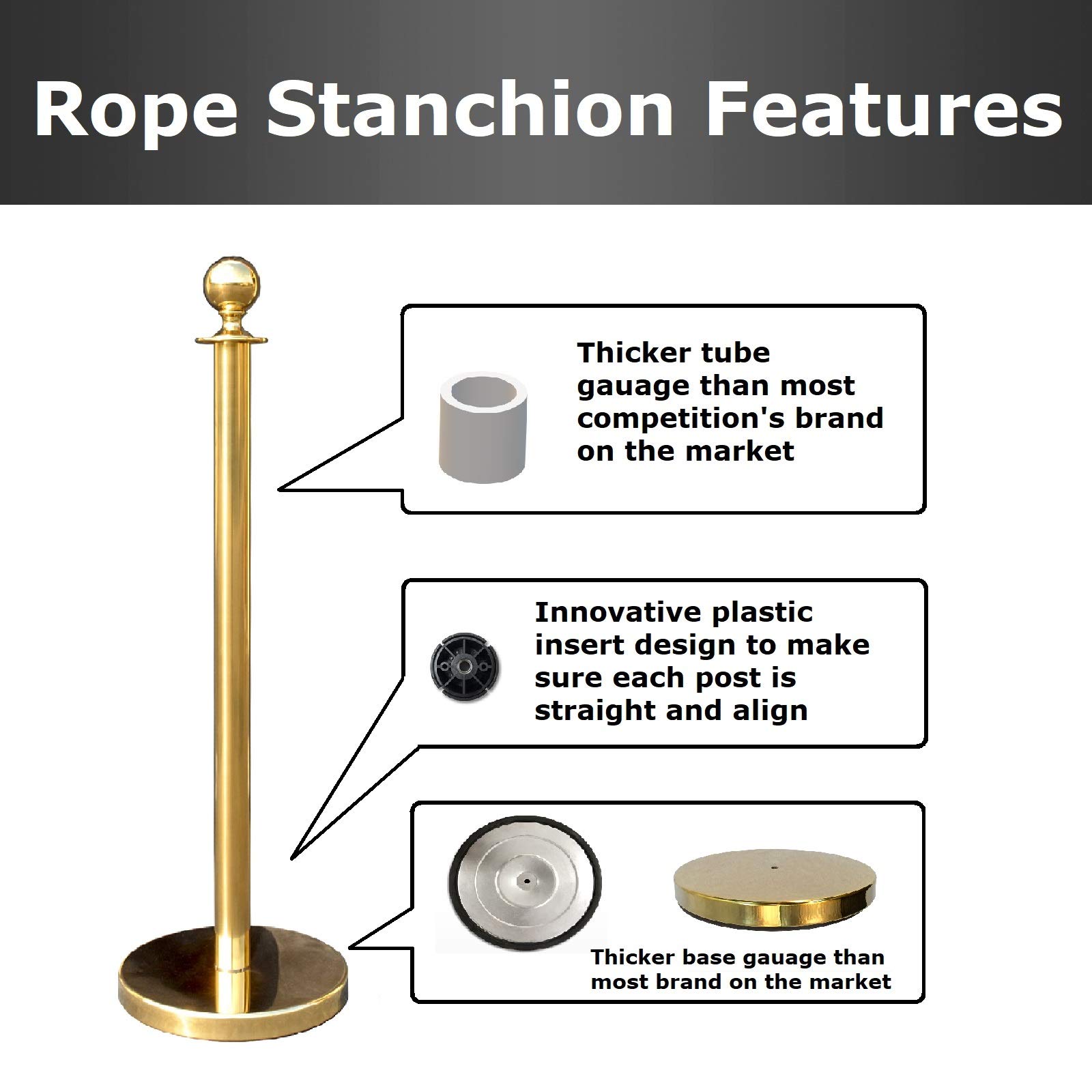 Premium Gold Crown Top Decorative Rope Safety Stanchion - 3-Piece VIP Crowd Control Barrier Set (72