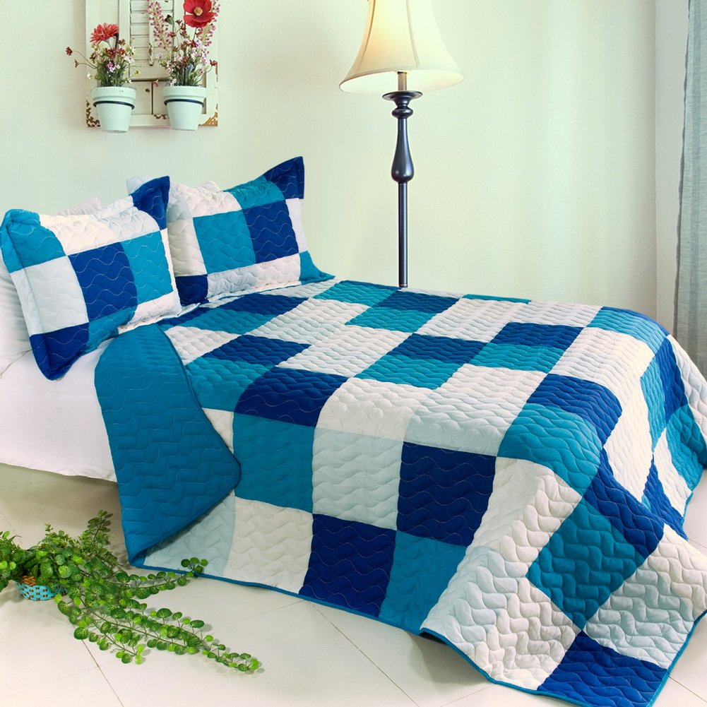 Blue Crystal 3-Piece Vermicelli Quilted Patchwork Bedding Set - Full/Queen Size - Soft & Stylish Comforter for Cozy Bedroom Decor