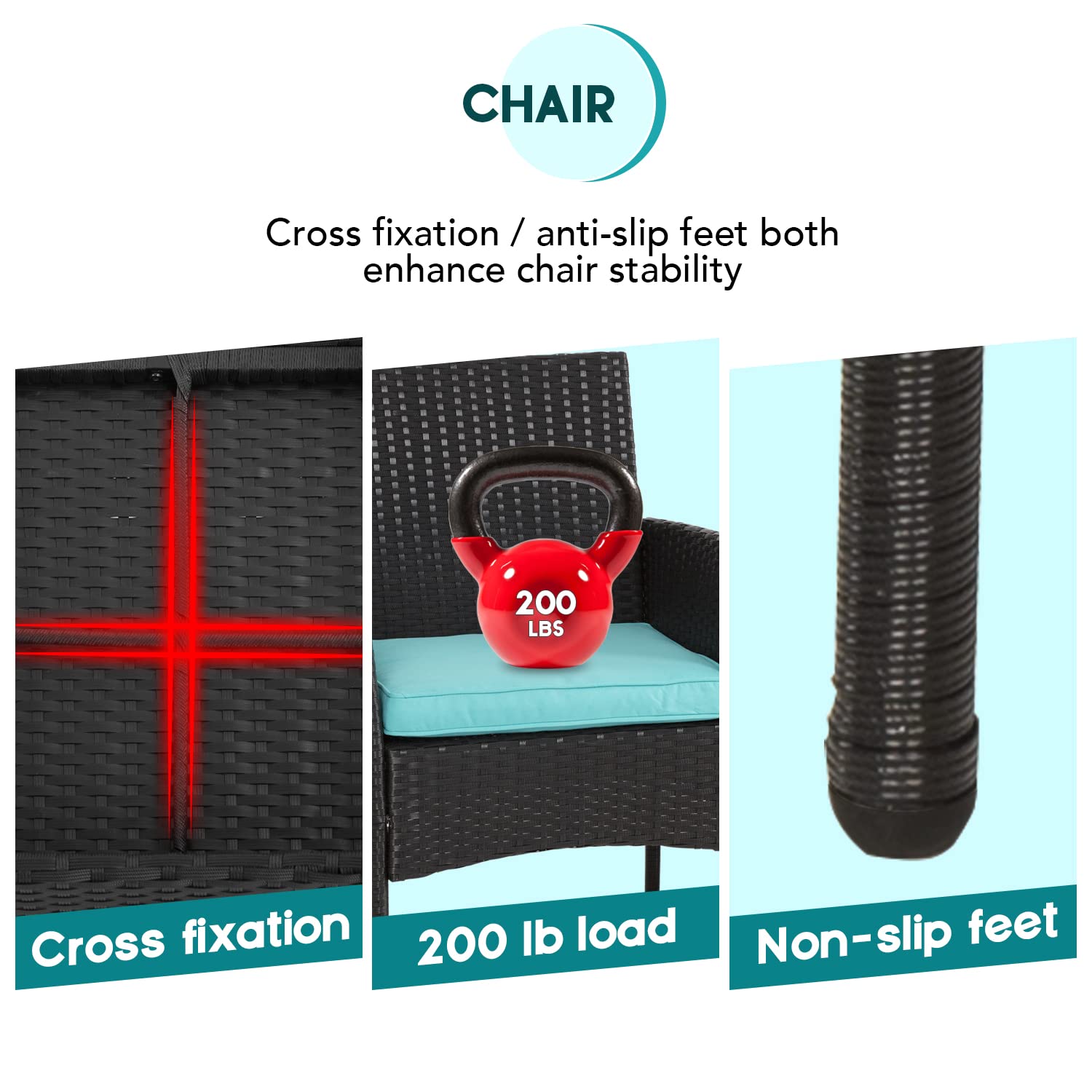 FDW 3-Piece Outdoor Patio Furniture Set - Wicker Rattan Bistro Chairs with Blue Cushions & Glass Coffee Table - Perfect for Garden, Balcony, Backyard, Porch & Lawn Relaxation