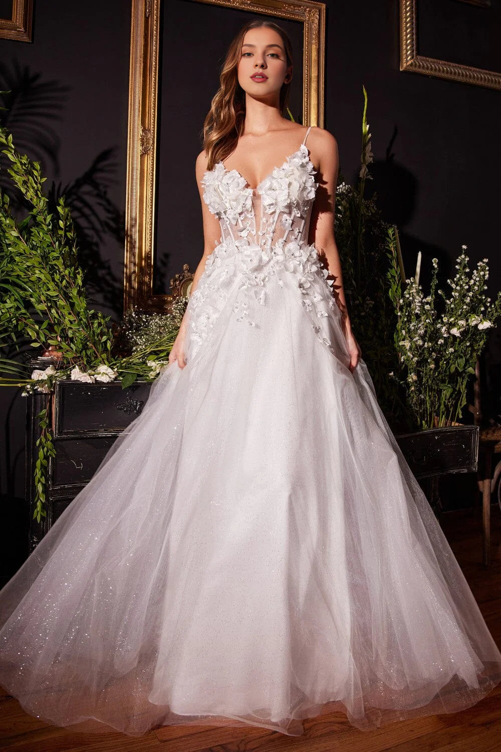 Elegant 3D Floral Lace Applique Long Sleeveless V-Neck Wedding Gown for Bride - Perfect for Beach, Garden & Outdoor Ceremonies