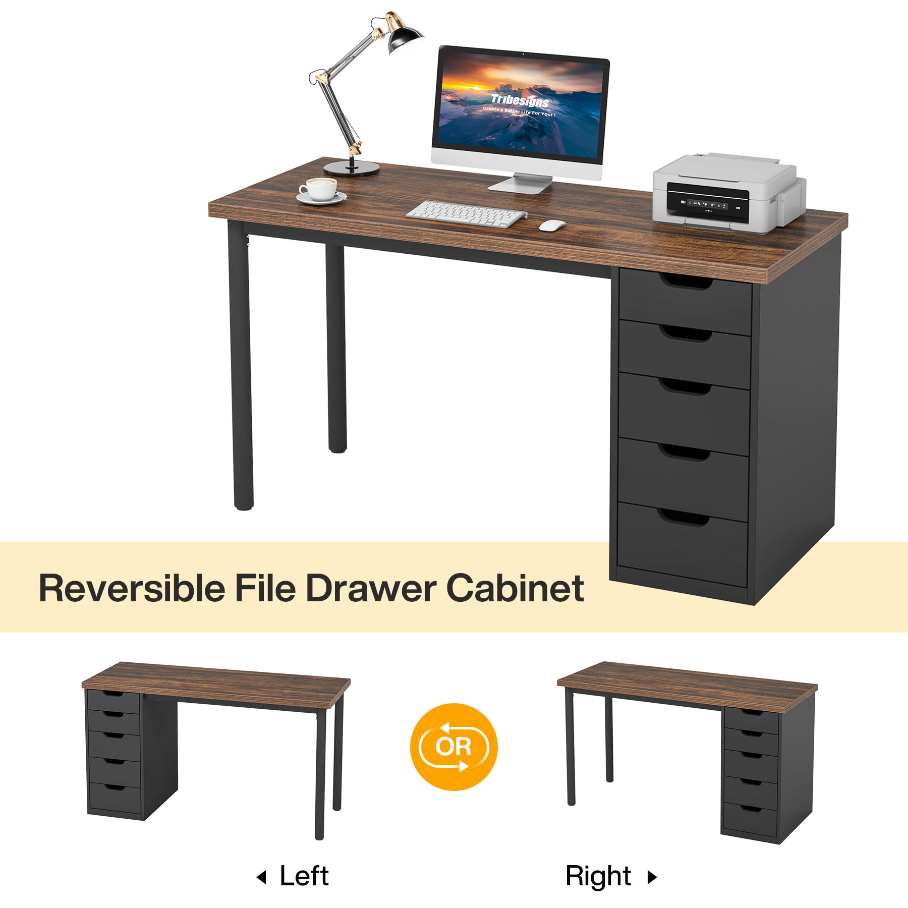 Tribesigns 47-inch Rustic Brown Computer Desk with 5 Drawers - Modern Home Office Desk with Storage, Space-Saving Laptop Study Writing Table for Small Spaces (Brown+Black) - Perfect for Home Office, Dorm Room & Small Apartments