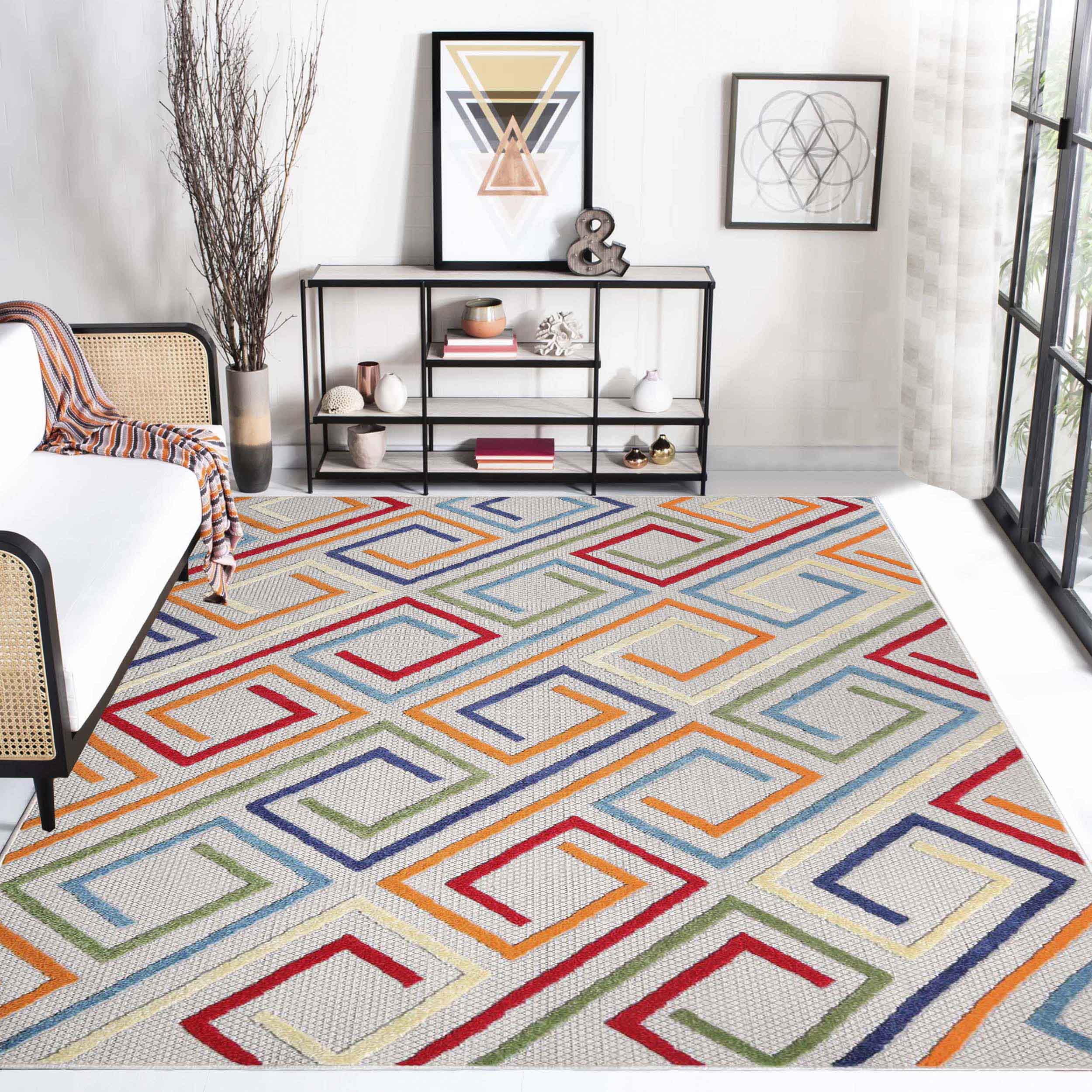 Stylish Geometric Modern Indoor Outdoor Area Rug - Perfect for Living Room, Patio, and Bedroom Decor