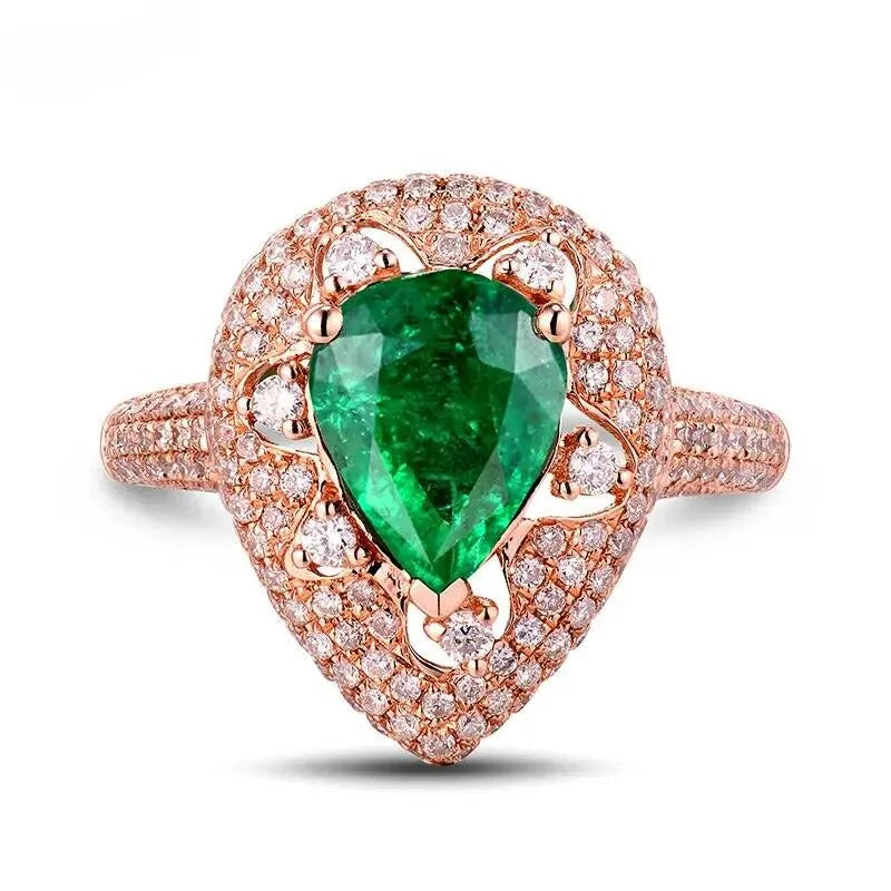 18K Rose Gold Emerald Ring for Women - 1.68ct Pear Cut Real Green Gemstone with SI Diamonds - Elegant Engagement & Wedding Jewelry - Perfect for Christmas Gifts, Anniversary & Special Occasions