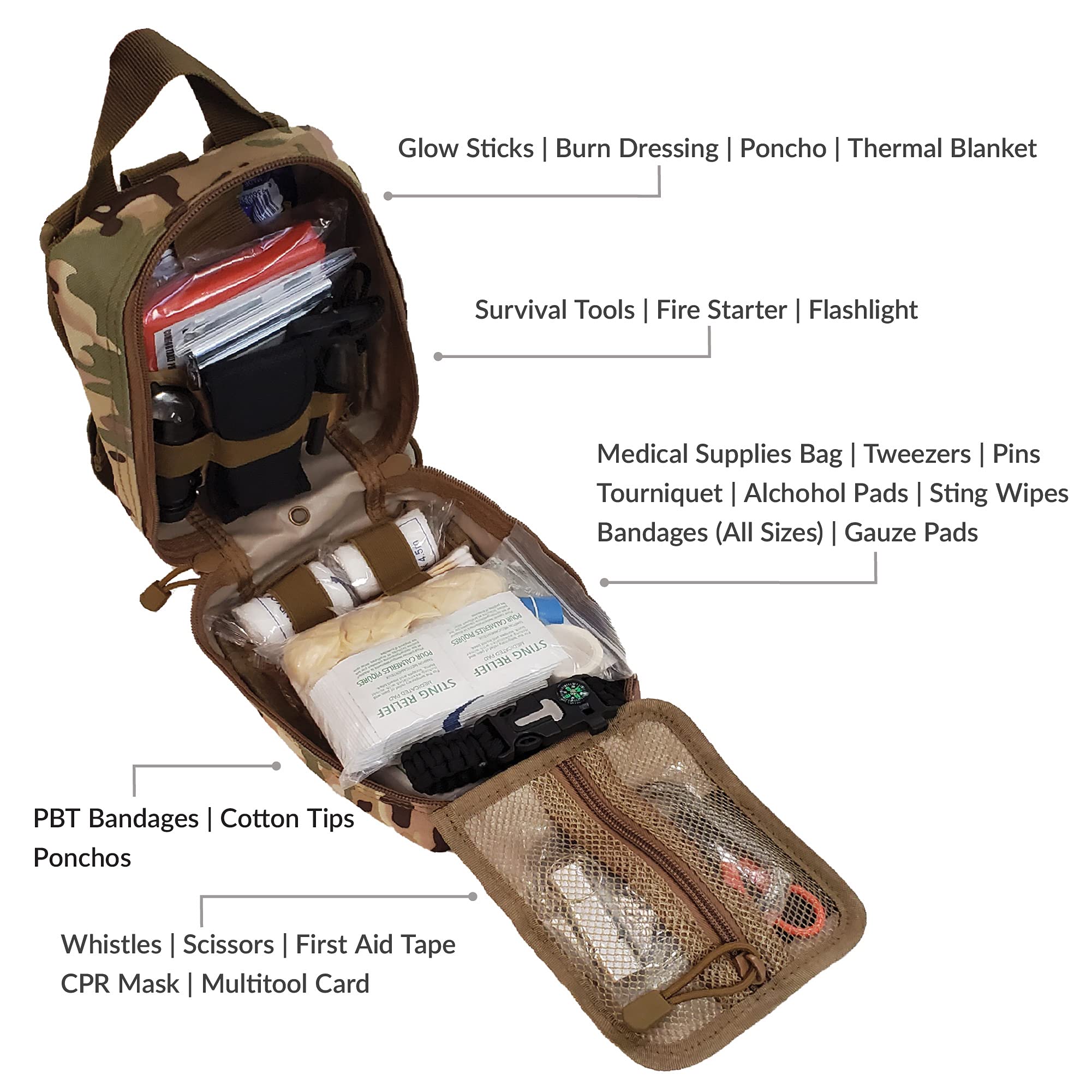Premium 250-Piece MOLLE Survival & First Aid Kit - Tactical Emergency Trauma Bag for Camping, Hiking, Hunting, Car, Cabin | Perfect for Outdoor Adventures, Disaster Preparedness & Survival Situations