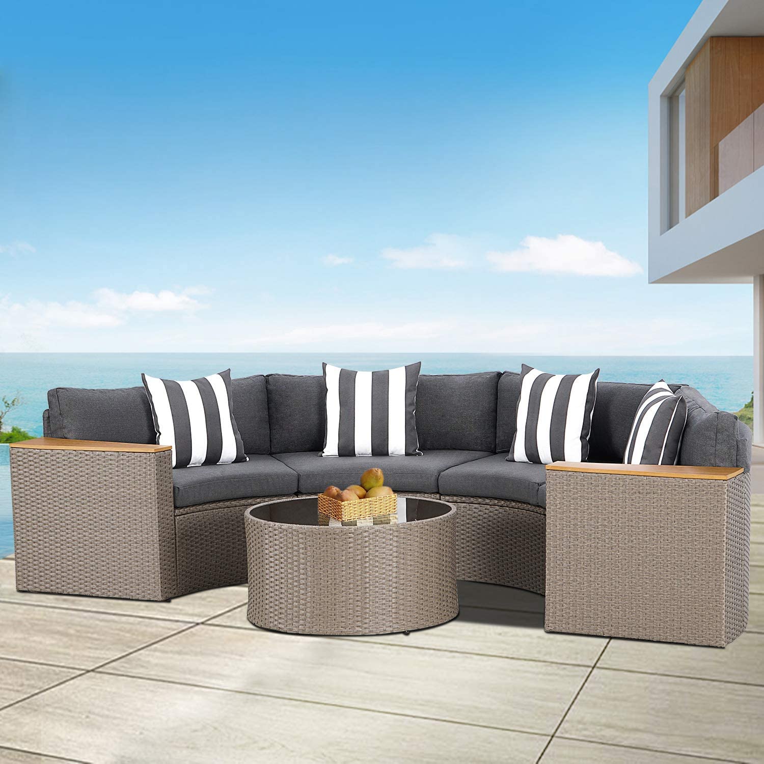 SUNCROWN 5-Piece Outdoor Half Moon Sectional Sofa Set with Round Table & Thick Cushions - All-Weather Wicker Patio Furniture for Garden, Backyard, Poolside (Dark Grey) | Perfect for Outdoor Entertaining & Relaxation