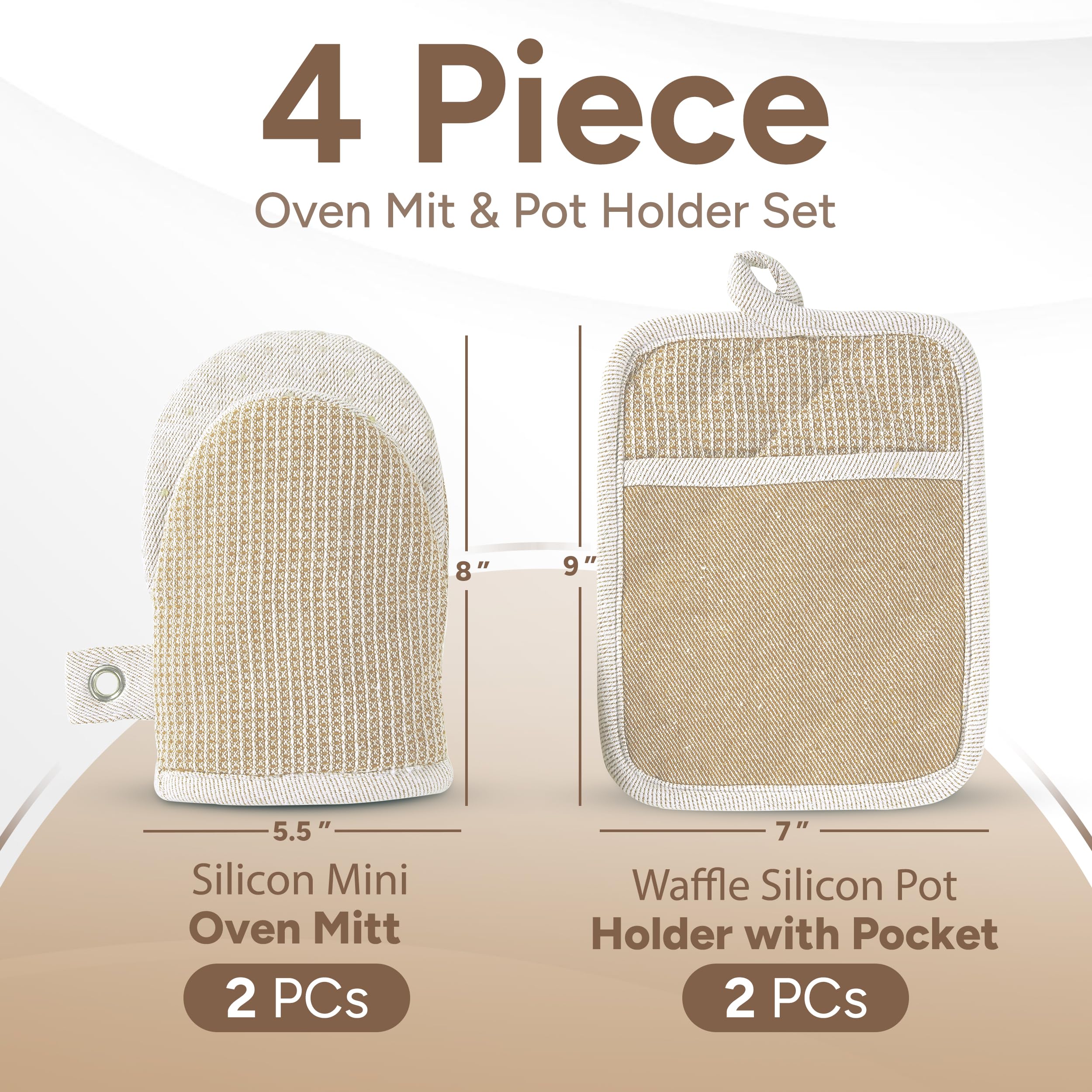 Premium 4-Piece Mini Oven Mitts & Silicone Pot Holders Set - Heat Resistant Up to 500°F for Cooking, Baking & BBQ - Non-Slip Kitchen Hot Pads - Machine Washable Beige - Perfect for Grilling, Baking Cookies & Handling Hot Pots