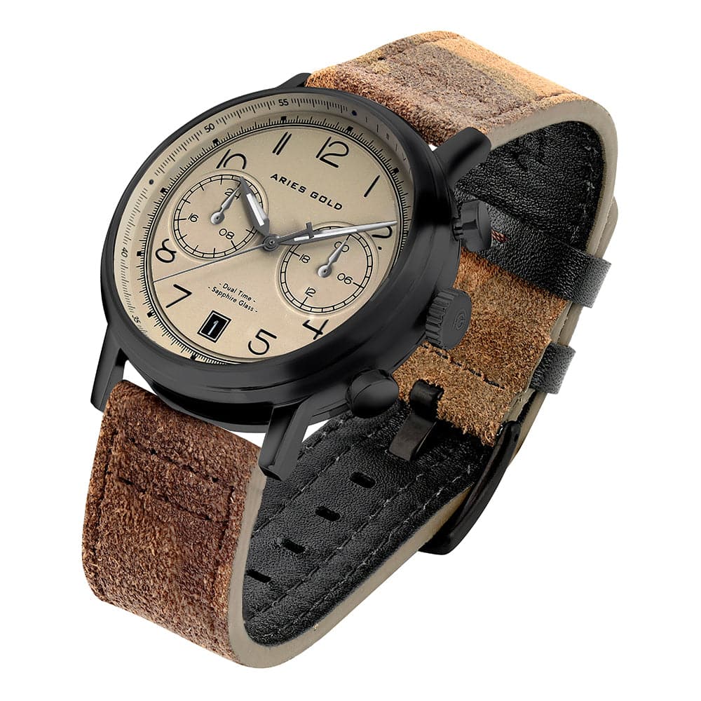 ARIES GOLD Urban Journey Black Stainless Steel Men's Watch with Khaki Camo Brown Leather Strap - Perfect for Outdoor Adventures & Casual Wear
