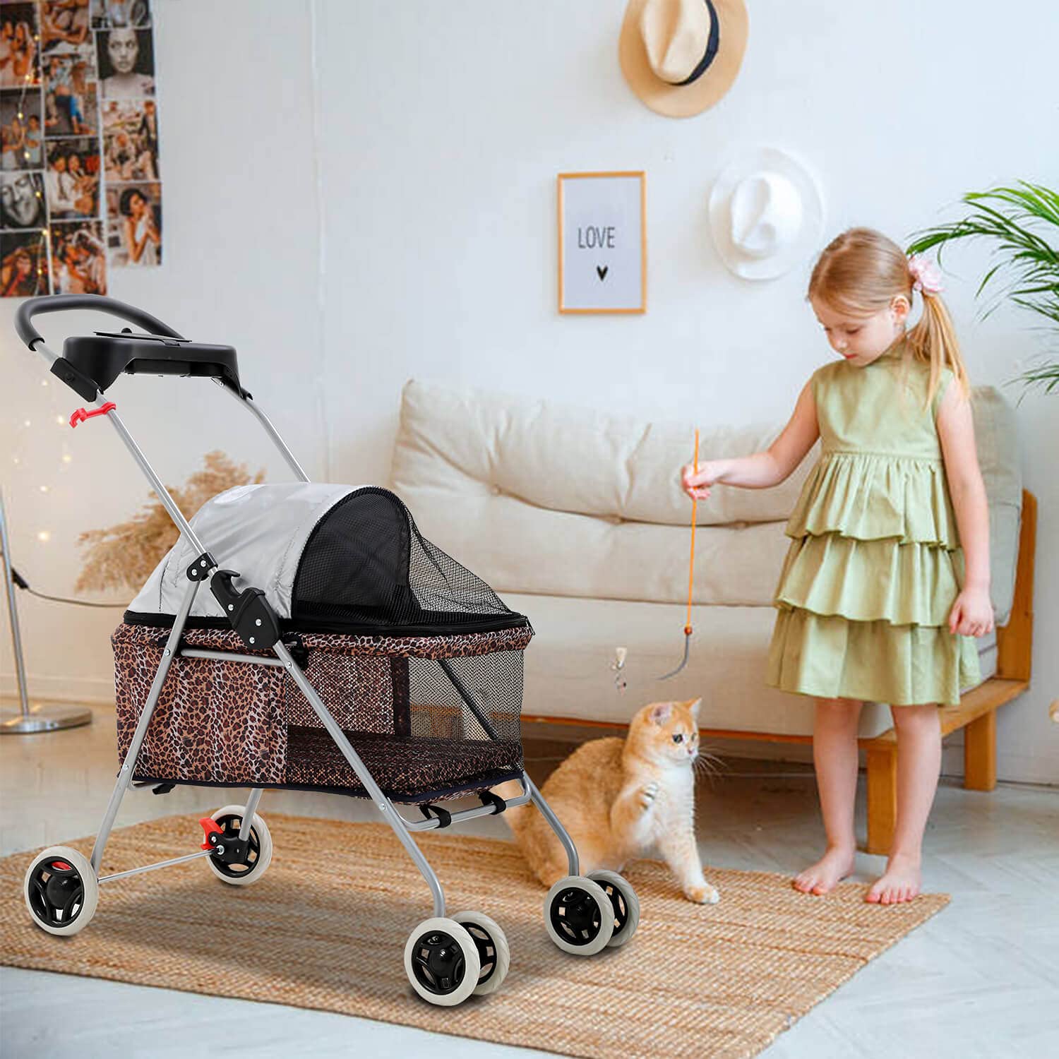 **4-Wheel Folding Dog & Cat Stroller - Durable Waterproof Pet Carrier with Cup Holder, Zippered Mesh Windows & Canopy - Leopard Print Design for Travel, Walks & Outdoor Adventures**