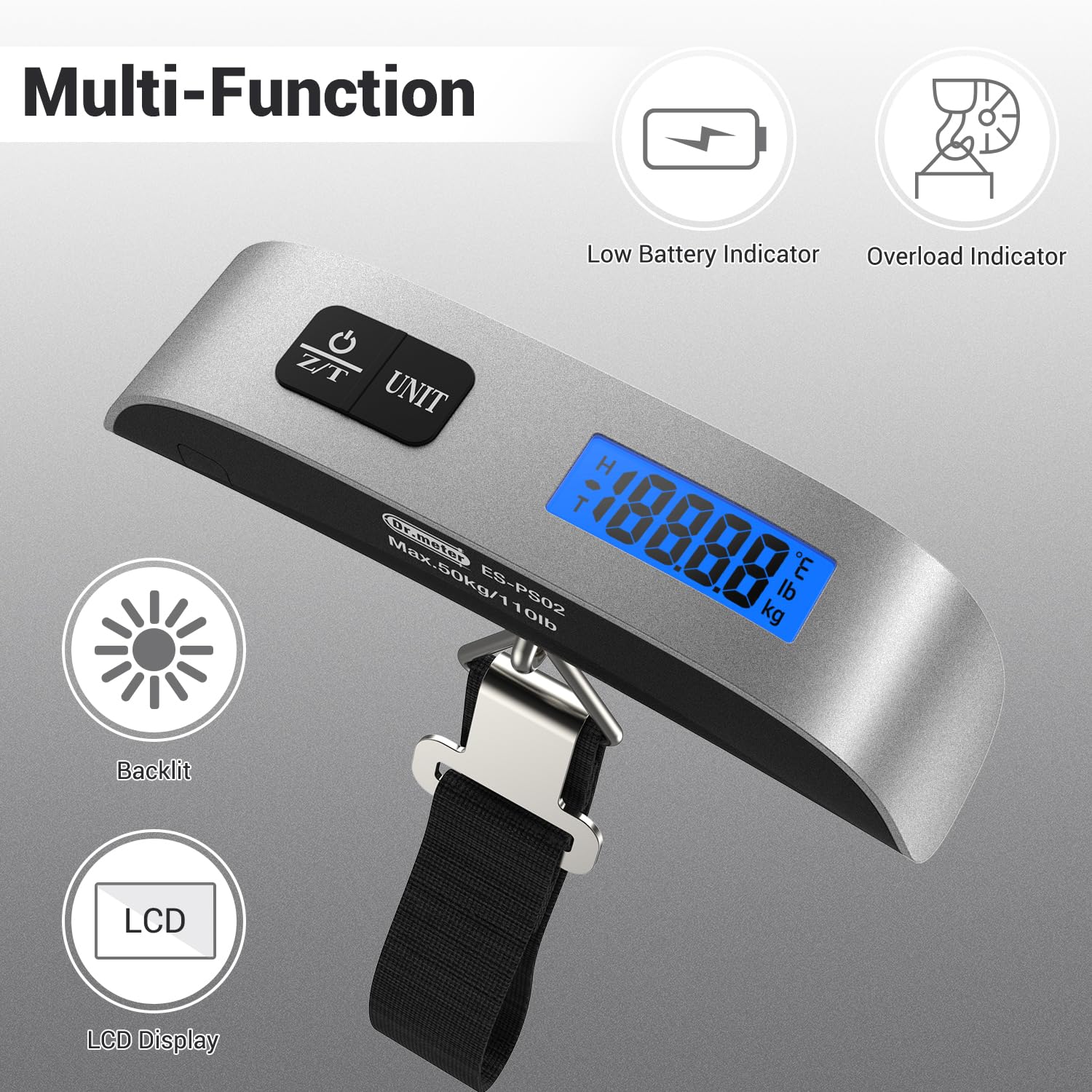 Dr.meter PS02 Digital Luggage Scale - 110lb/50kg Capacity with Backlit LCD Display, Temperature Sensor & Rubber Grip - Perfect for Air Travel, Shipping & Postal Weighing Needs (Silver)