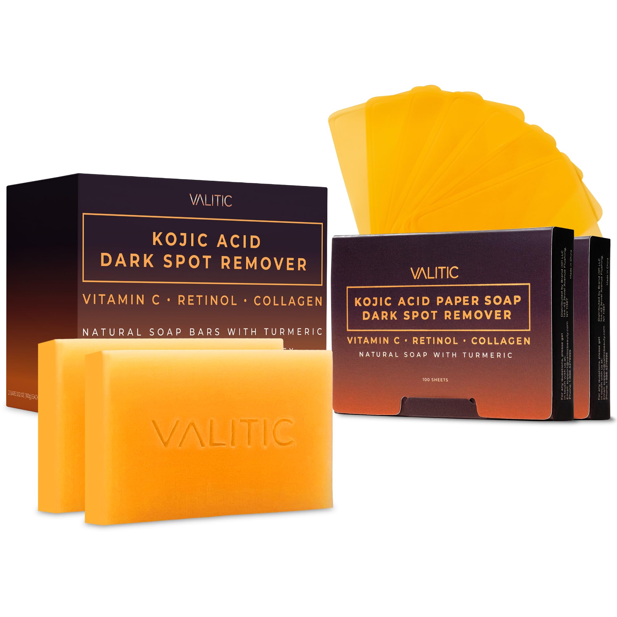 VALITIC Kojic Acid & Turmeric Dark Spot Corrector Soap - Vitamin C, Retinol & Collagen Infused Skin Brightening Bar - 2 Pack with 200 Melting Paper Sheets - For Hyperpigmentation, Acne Scars & Uneven Skin Tone - Perfect for Daily Face & Body Cleansing Routine
