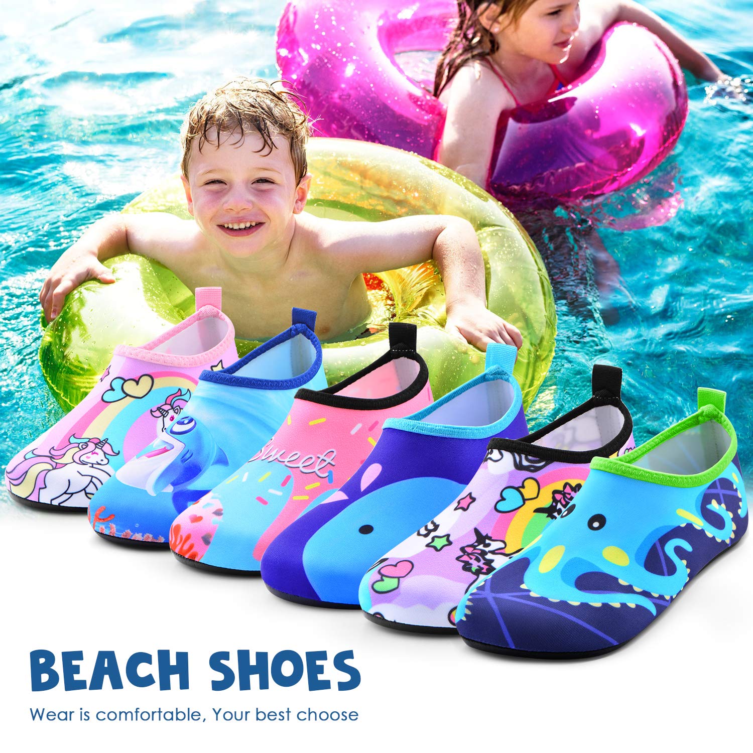 **Sunnywoo Kids Water Shoes for Boys & Girls - Quick-Dry Non-Slip Barefoot Swim Shoes for Toddlers - Aqua Socks for Beach, Pool, and Outdoor Sports**