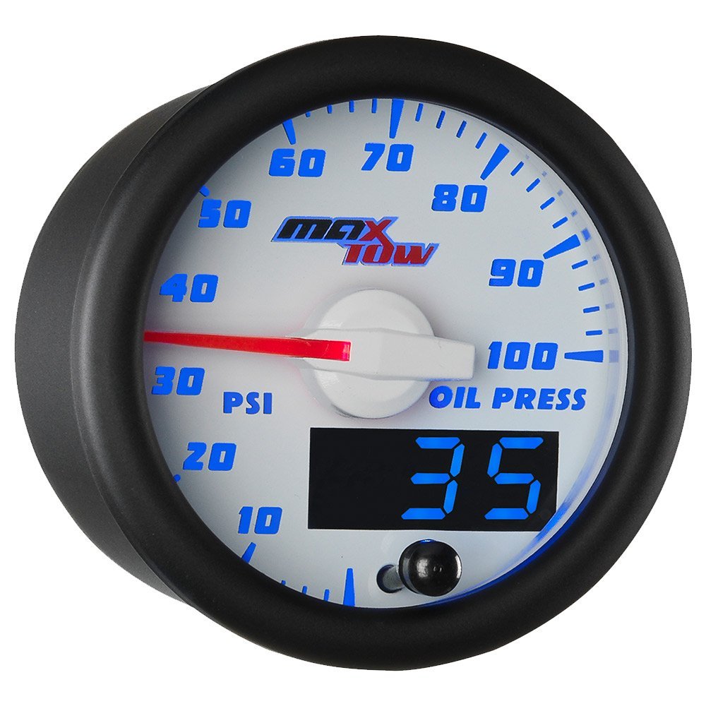 MaxTow Double Vision 100 PSI Oil Pressure Gauge Kit with Electronic Sensor - White Face & Blue LED Backlit Dial - Analog & Digital Readout - 2-1/16