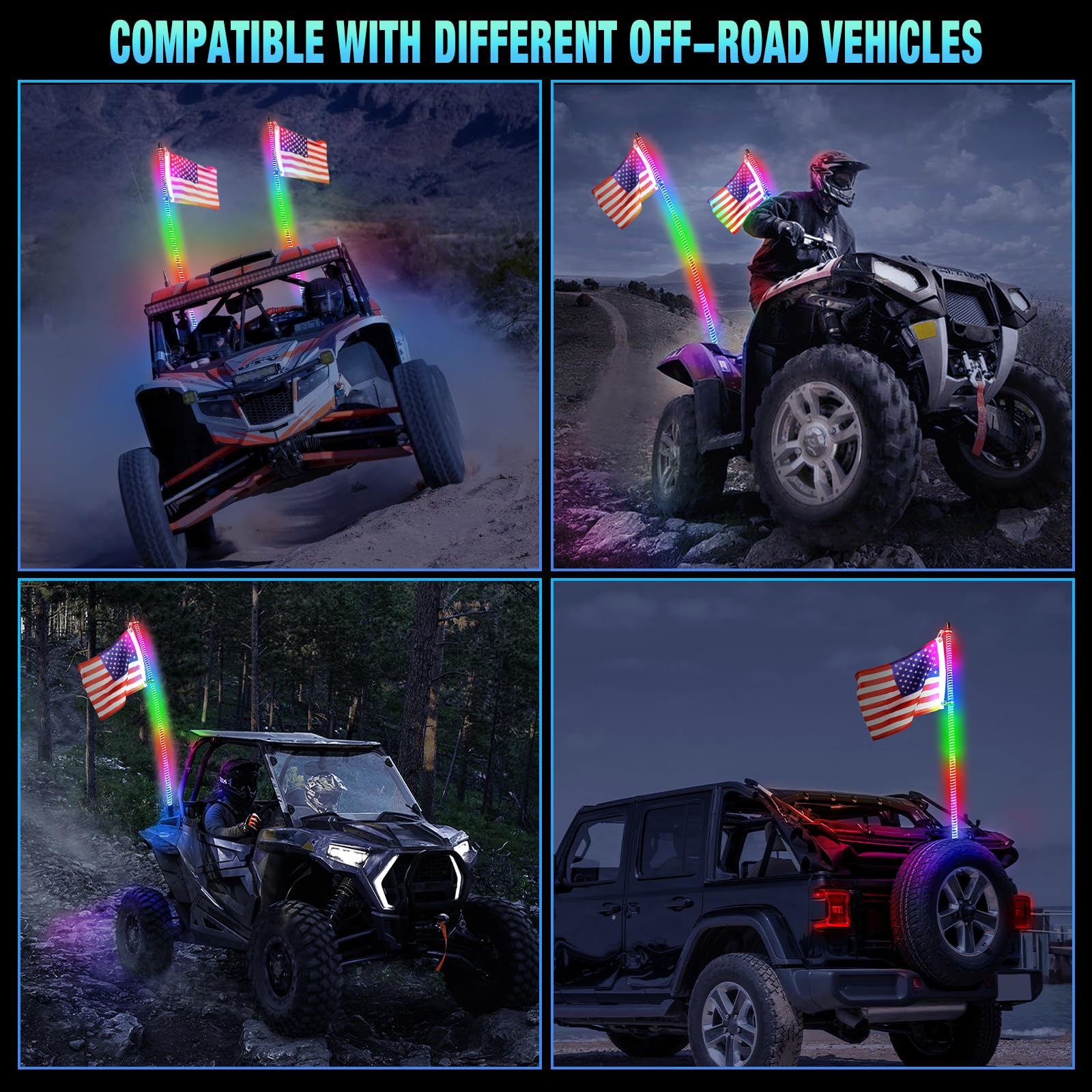 2PCS 3FT UTV Whip Lights - COB Spiral RGB Chasing/Dancing LED Light Bar for Can-Am, Polaris RZR, Dune Buggy, Offroad Jeep & Truck - Perfect for Night Riding, Trail Adventures & Off-Road Racing