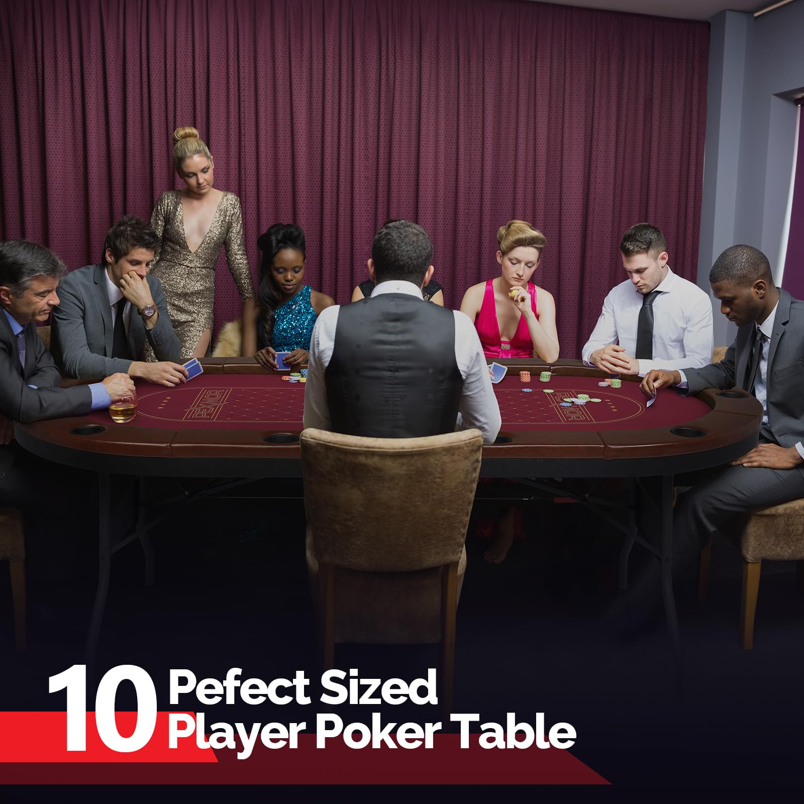 PEXMOR 10 Player Foldable Poker Table with Stainless Steel Cup Holders - Casino Grade Felt & Water Resistant Cushioned Rail - Texas Holdem Blackjack Game Table for Home Casino Nights & Poker Parties (Fully Assembled)