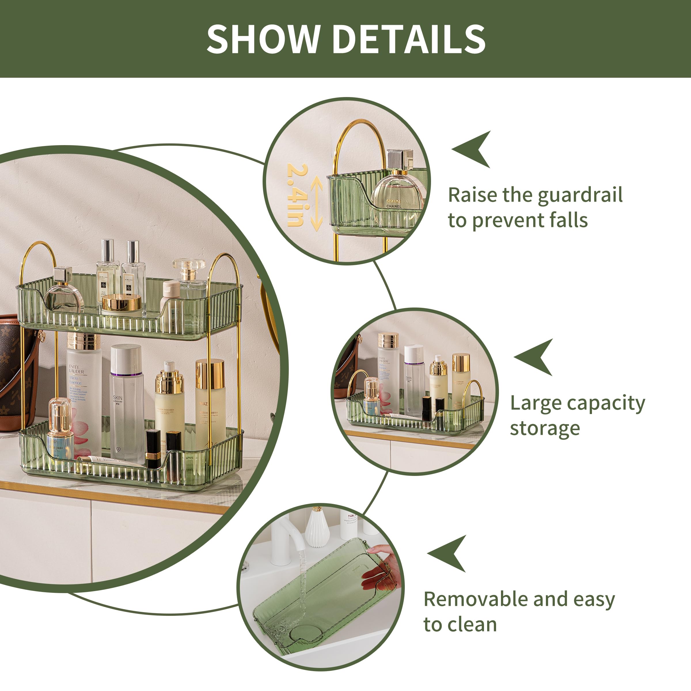 2 Tier Bathroom Organizer Countertop - Makeup & Skincare Tray for Perfume, Cosmetics, Jewelry - Vanity Organizer for Dresser, Sink, Nightstand - Space Saving Green Bathroom Storage Solution (Perfect for Small Spaces & Clutter-Free Vanity)