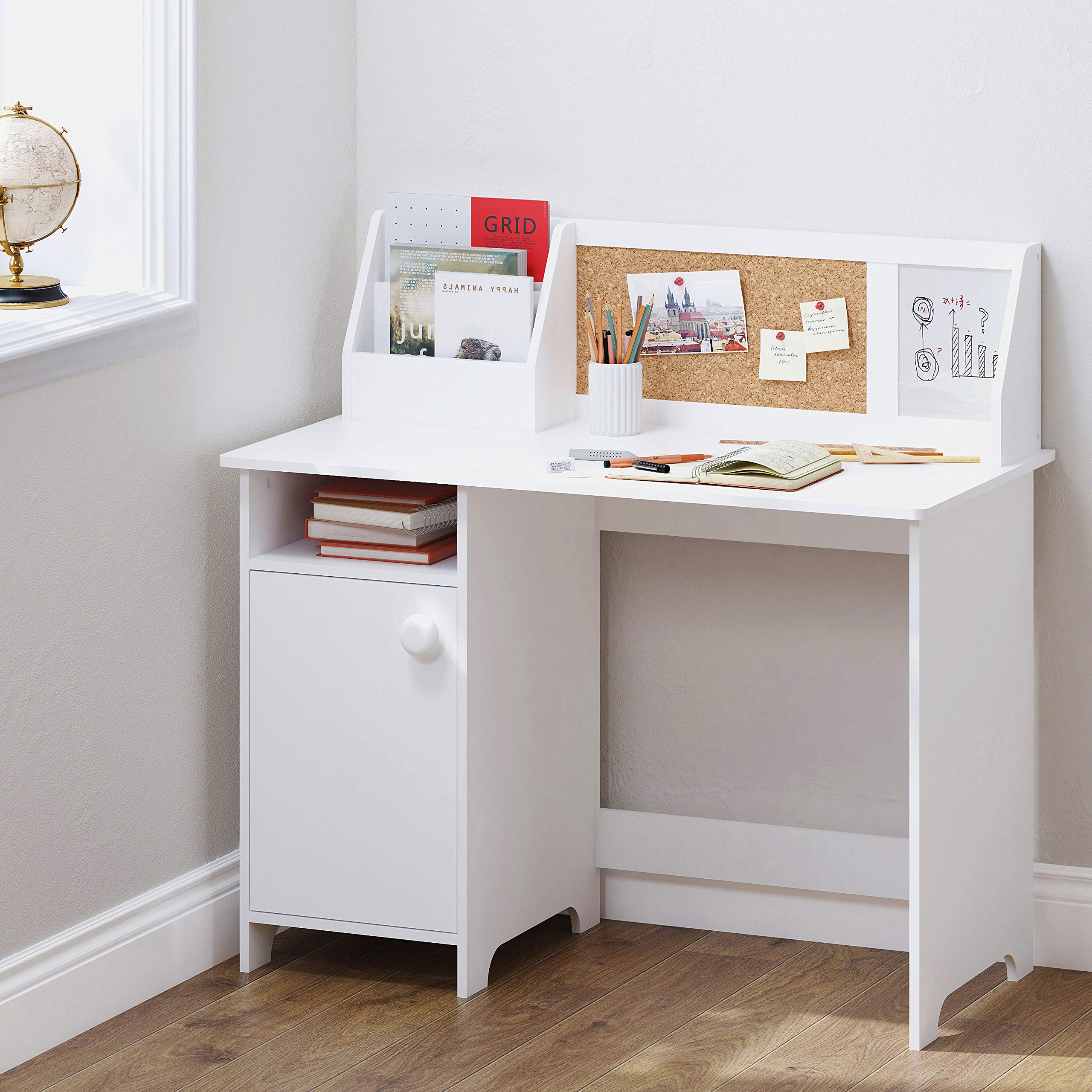 UTEX Kids Study Desk with Storage - Wooden Children's School Desk with Hutch & Cabinet for Ages 3-8 - White Study Table for Boys & Girls - Perfect for Homework, Online Learning & Small Space Bedrooms
