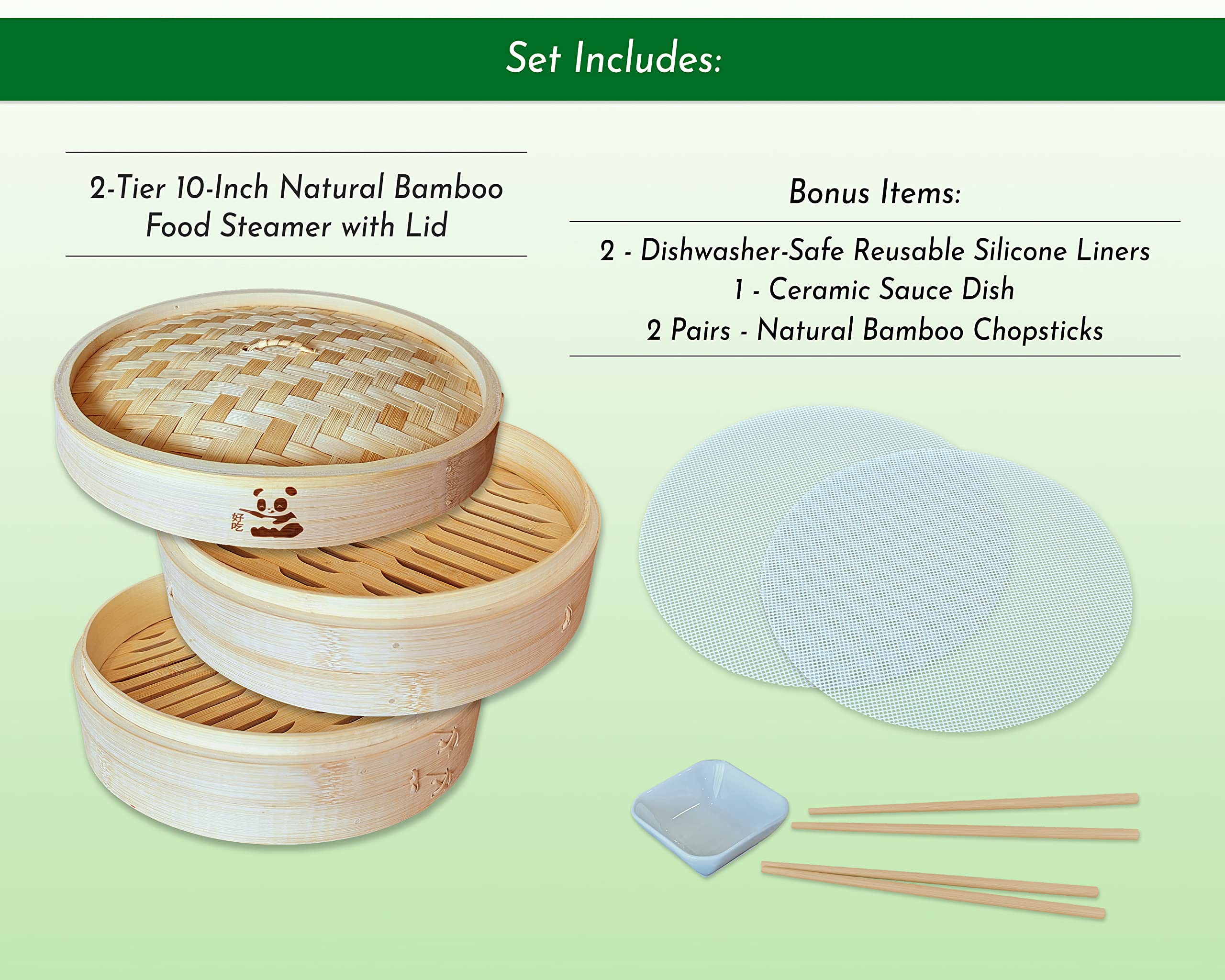 10 Inch Bamboo Steamer Basket - 2 Tier Natural Sustainable Food Cooker for Dumplings, Vegetables, Tamales, Seafood & Bao Buns | Includes 2 Reusable Nonstick Liners, 2 Pairs Chopsticks & 1 Sauce Dish | Perfect for Asian Cooking, Dim Sum, Healthy Meals & Party Serving
