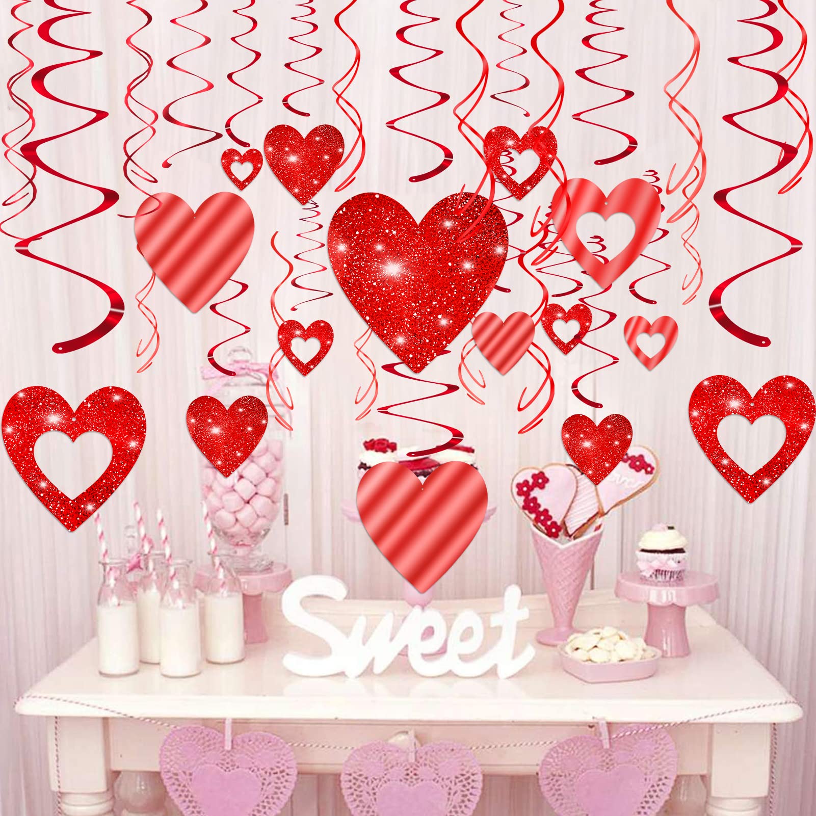 40-Pack Valentine's Day Glitter Heart Swirl Decorations - Hanging Ceiling Streamers for Wedding, Anniversary, Birthday & Bridal Shower Party Supplies - Romantic Home & Event Decor