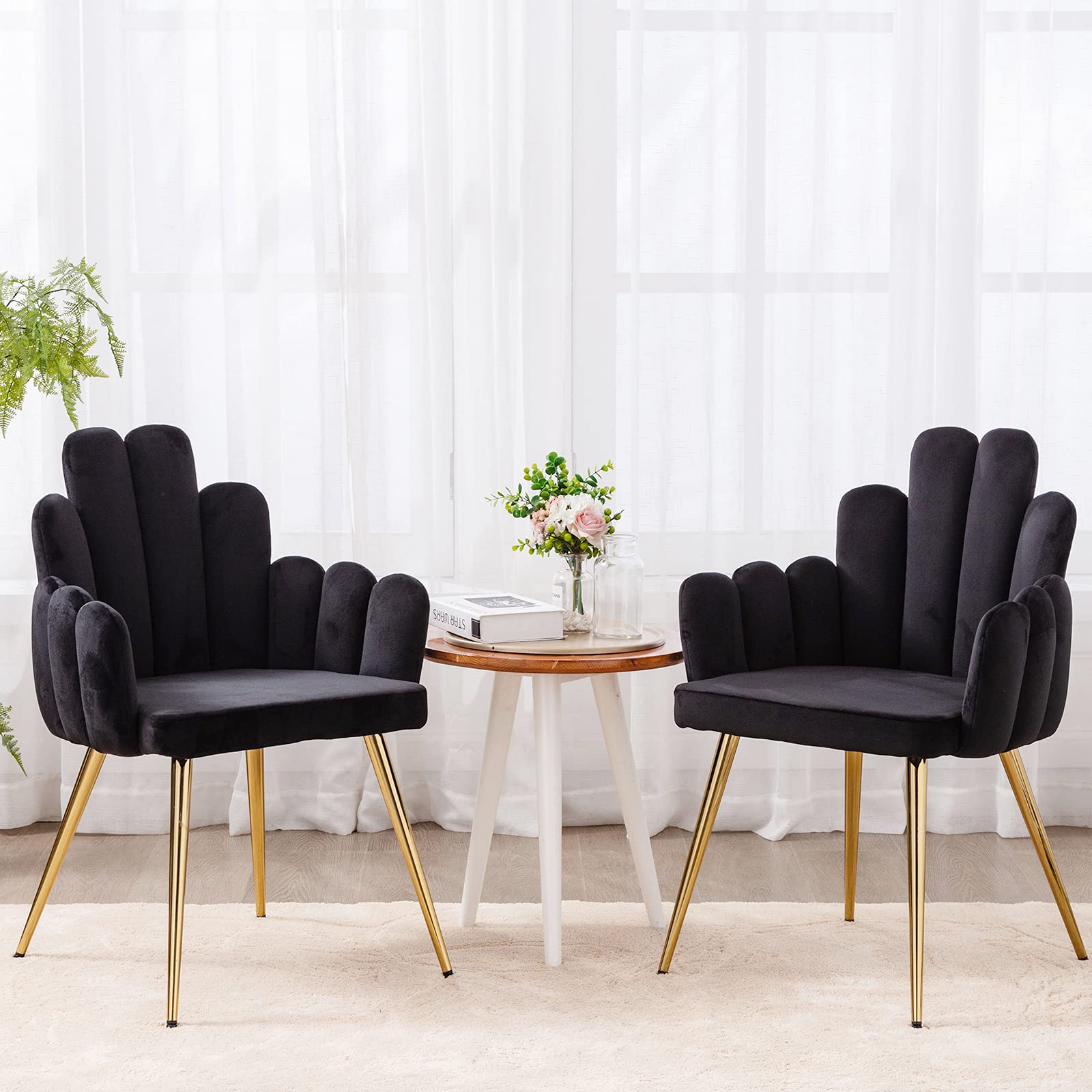 HNY Velvet Accent Chair Set of 2 - Mid Century Modern Upholstered Armchairs with Gold Metal Legs & Finger Shape Design for Living Room, Bedroom, Dining Room - Black Velvet Lounge Chairs for Home Decor & Relaxation
