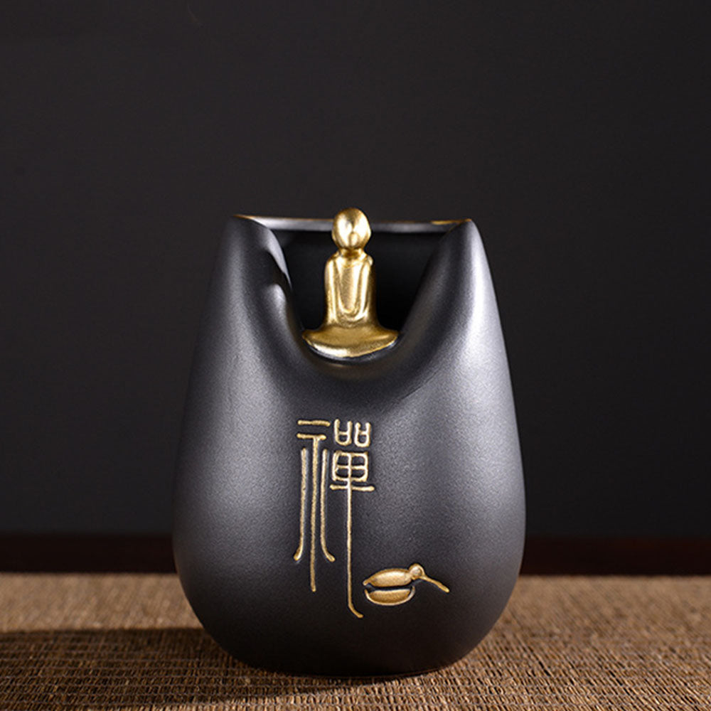 Handcrafted Ebony Tea Set with Coarse Pottery Monk Holder - Traditional Japanese Tea Ceremony Accessories for Matcha & Loose Leaf Tea Brewing