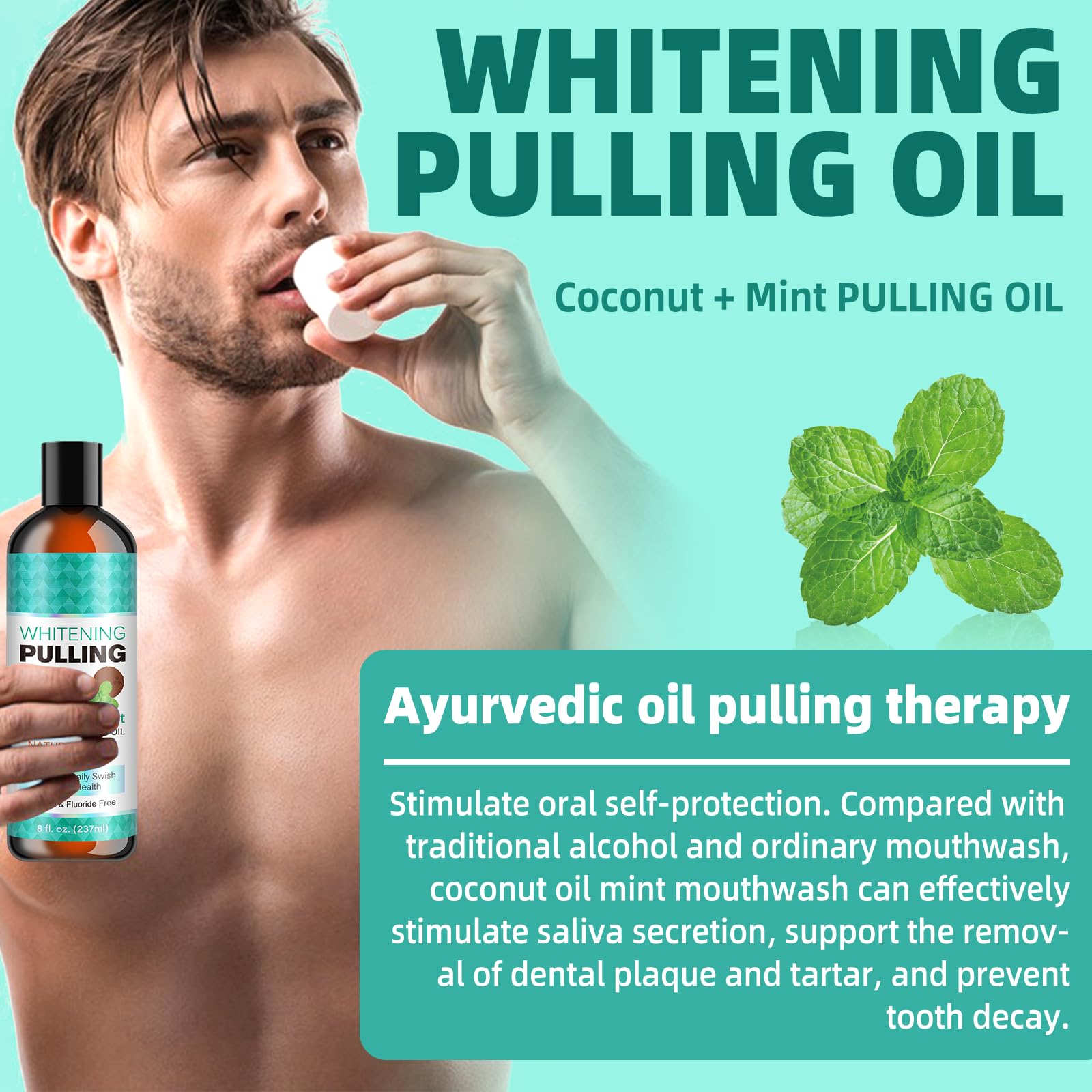 Organic Coconut Mint Oil Pulling Mouthwash with Tongue Scraper - Natural Teeth Whitening, Fresh Breath & Gum Health Support - 8 fl oz for Daily Oral Hygiene & Detox