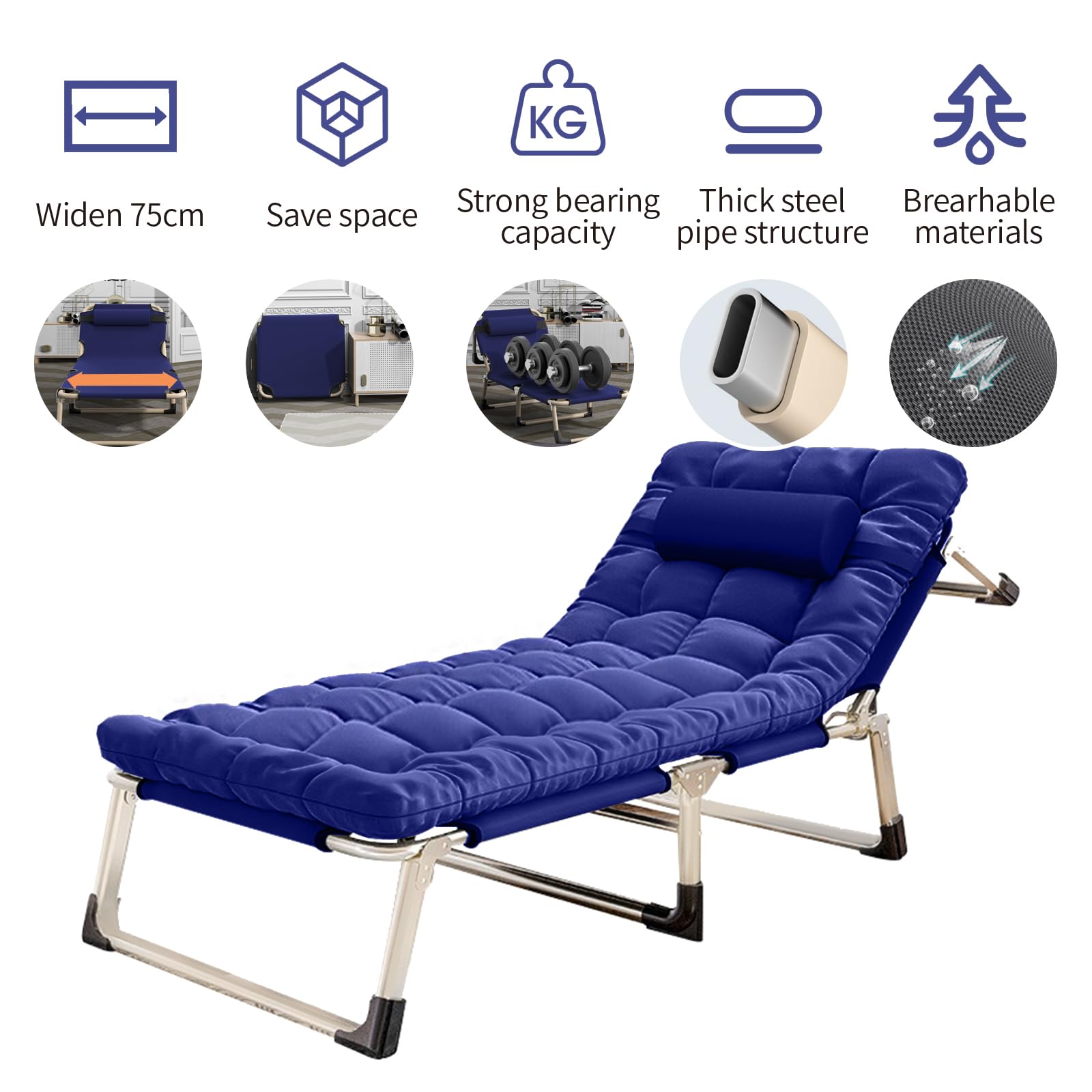 Extra Wide Camping Cots for Adults - Heavy Duty Folding Cot with Removable Mattress & Pillow, Portable Reclining Lounge Chair for Outdoor, Backyard, Beach, RV Trips - Perfect for Camping, Hiking & Travel (Blue)