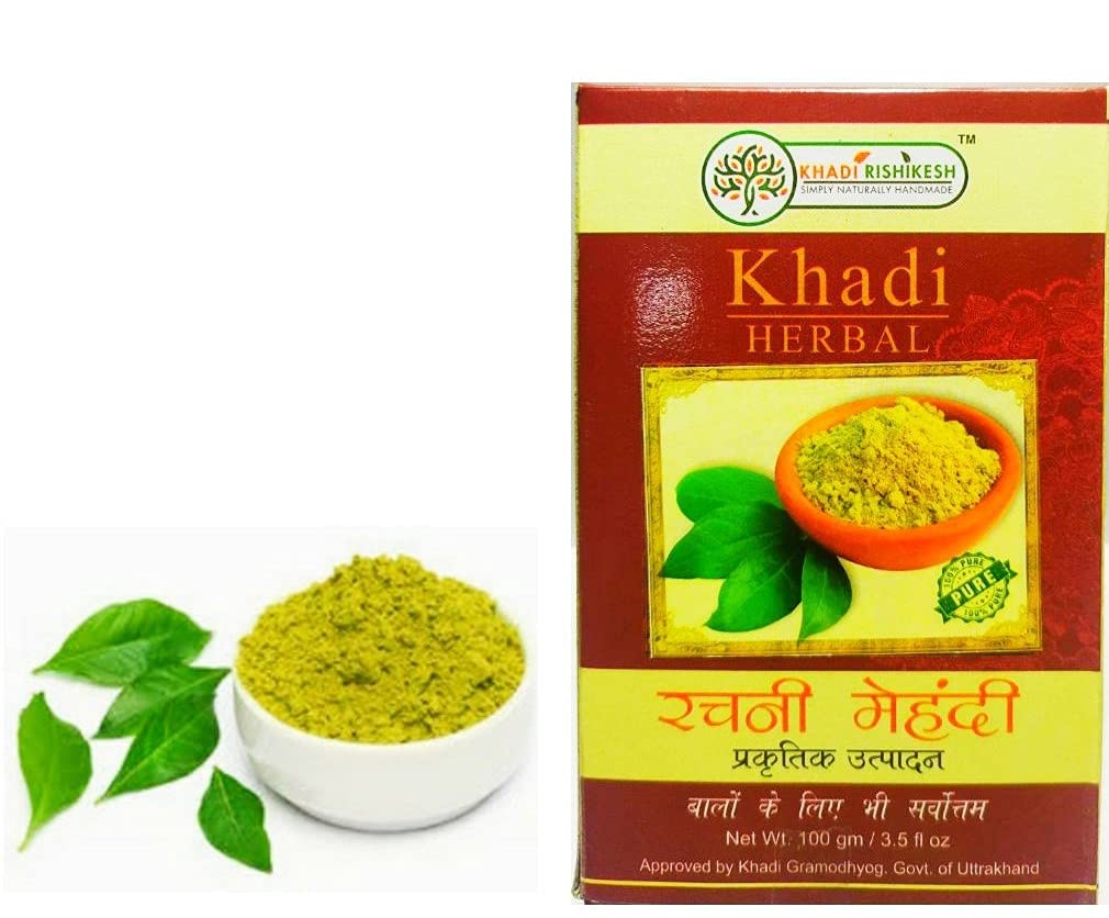 KHADI RISHIKESH 100% Pure Herbal Henna Powder for Hair Color - Natural Dark Brown Mehndi for Hair, Hands & Feet | Controls Hair Fall, Repairs Damage | Unisex, Chemical-Free (100g) with Free Hair Coloring Brush | Perfect for DIY Hair Coloring, Bridal Mehndi & Natural Hair Care