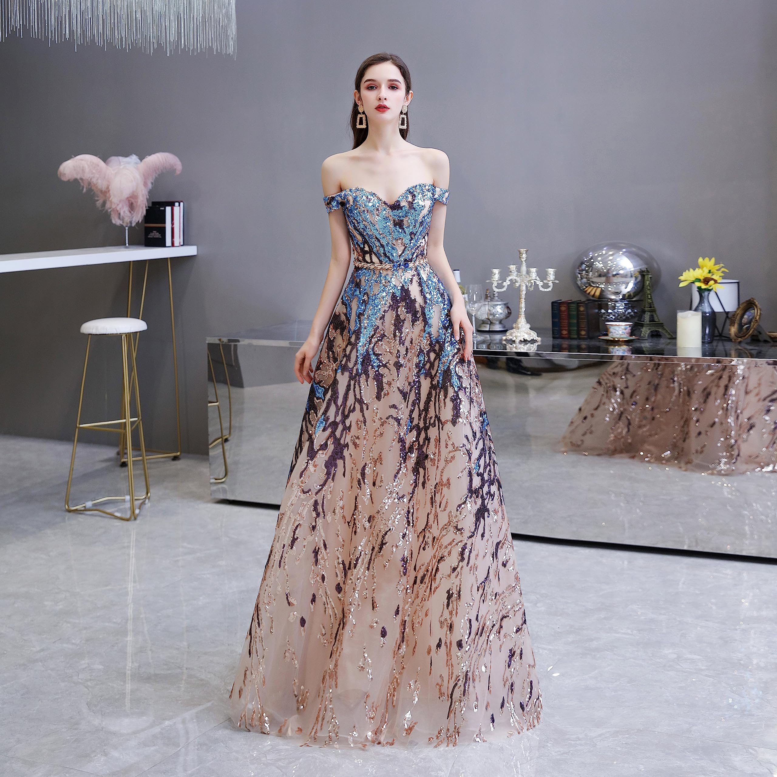 Elegant Sequin Off-Shoulder Sweetheart Prom Dress - Long Formal Evening Gown for Graduation, Homecoming & Special Occasions | Sparkly Colorful Party Dress for Women